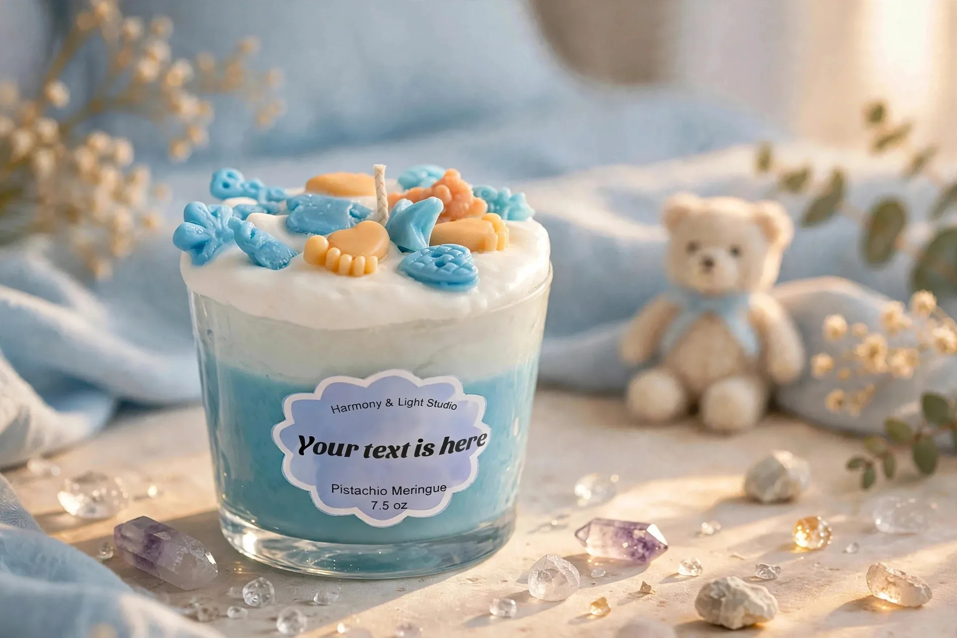 Custom Baby Shower Candle: Pistachio Meringue Scent, Blue Decor