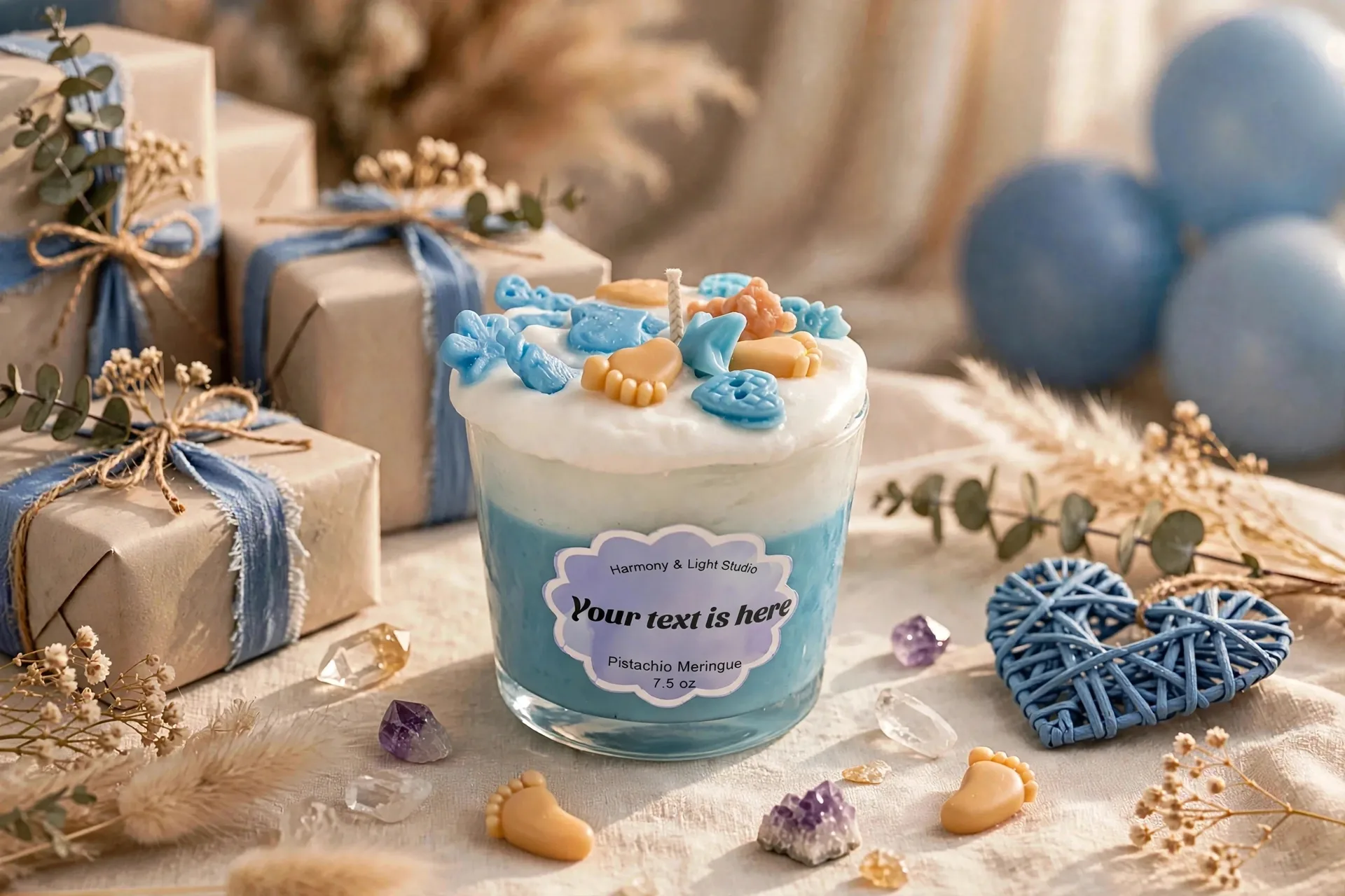 Custom Baby Shower Candle: Pistachio Meringue Scent — lifestyle photo