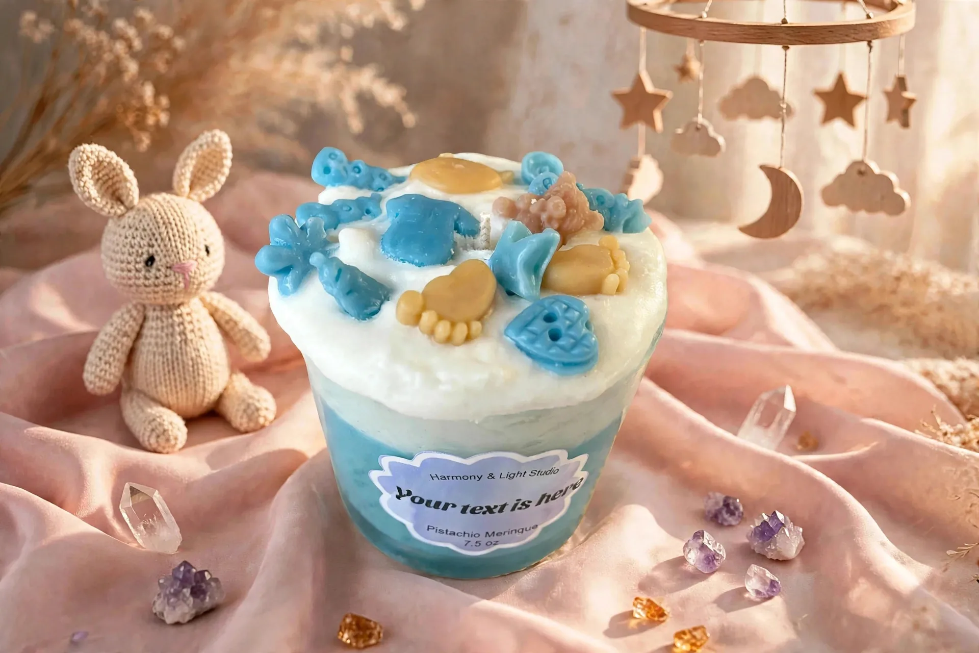 Custom Baby Shower Candle: Pistachio Meringue Scent — styled home decor scene