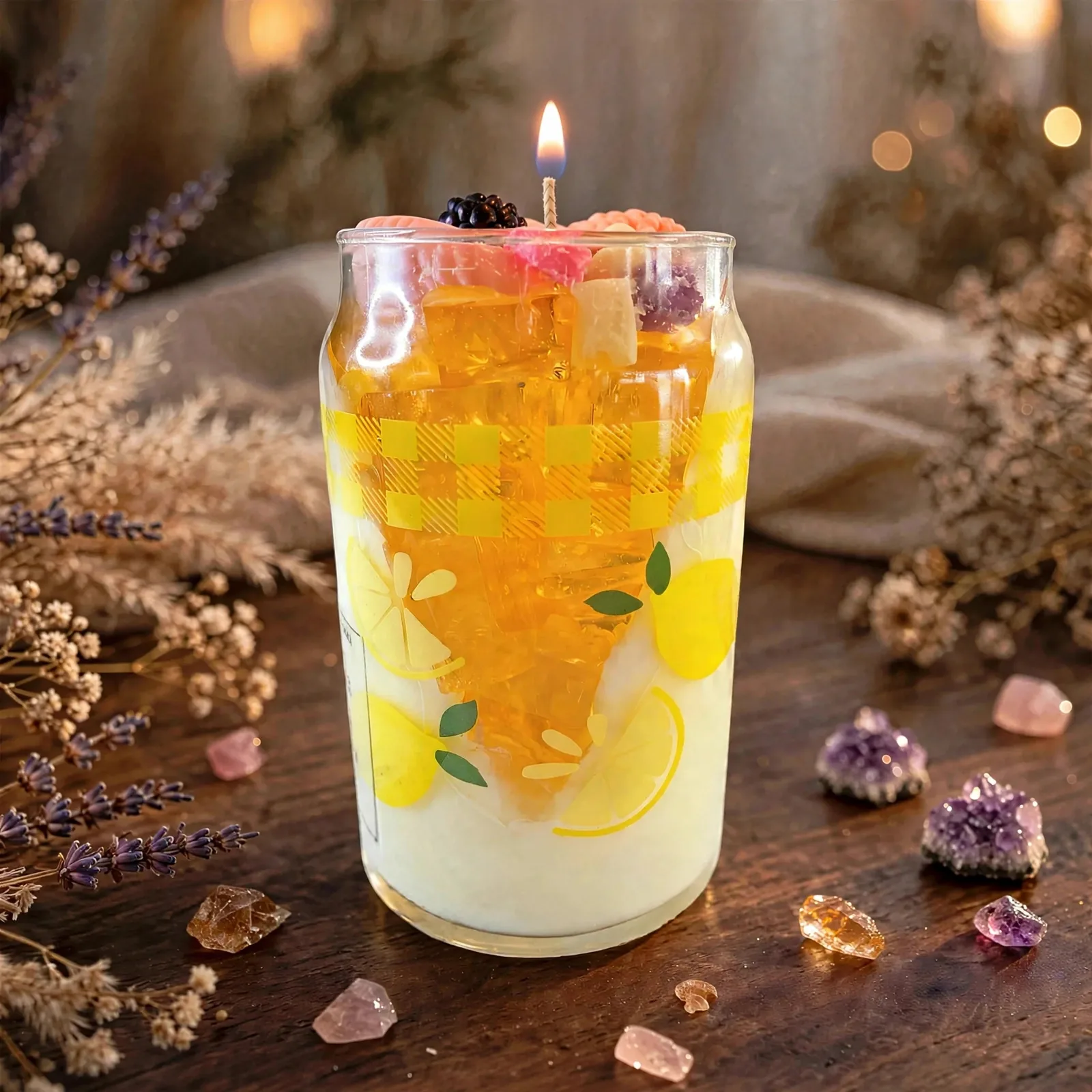 Scented Iced Cube Latte Candle: Persimmon Citron — lit with a warm flame