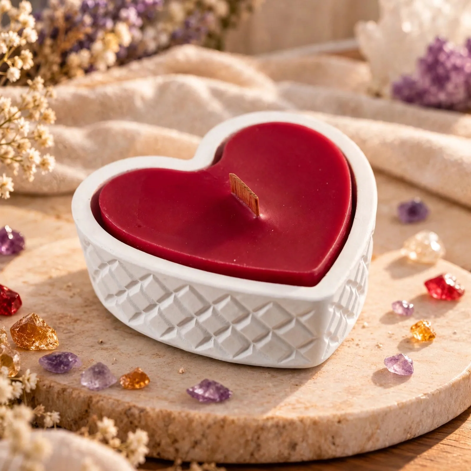 Heart Shaped Soy Candle, Jesmonite Vessel — close-up detail