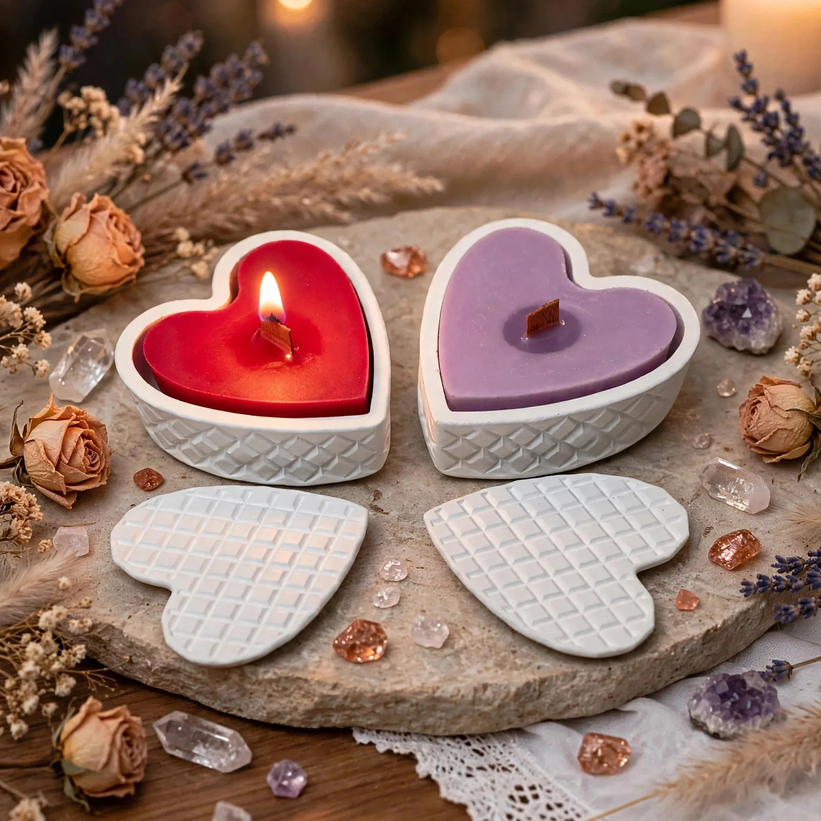 Heart Shaped Soy Candle, Jesmonite Vessel — lit with a warm flame