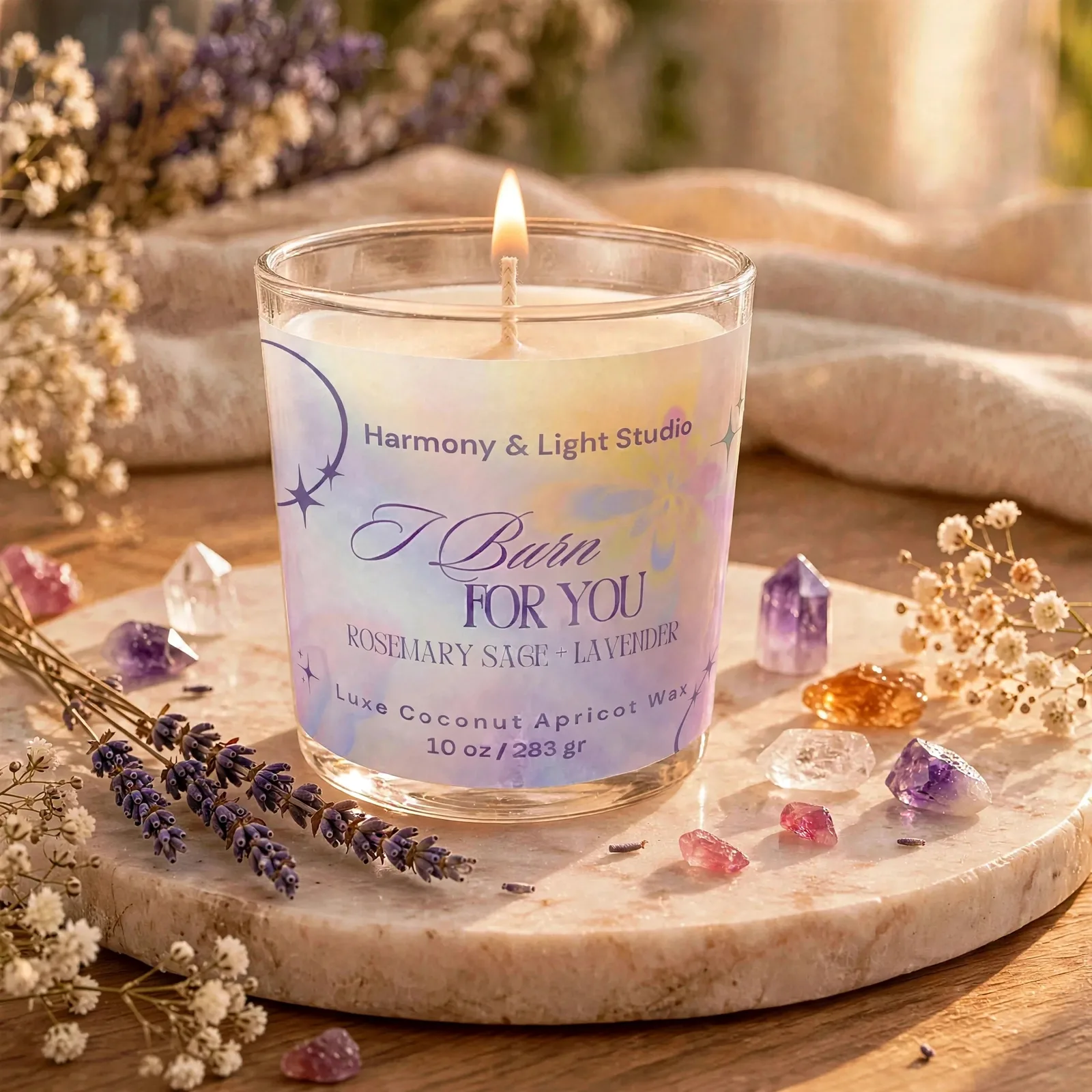 Lit rosemary sage lavender candle glowing warmly in the evening