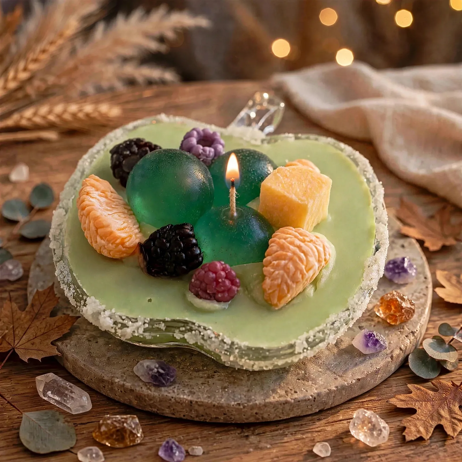 Apple Harvest Scented Soy Wax Candle: Green Apple Sangria — lit with a warm flame