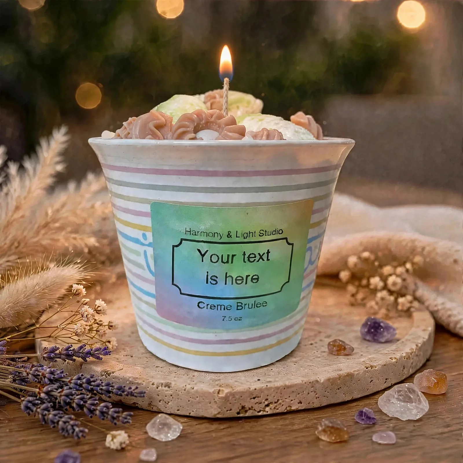 Hand-Poured Soy Candle: Vanilla Caramel Creme Brulee — lit with a warm flame