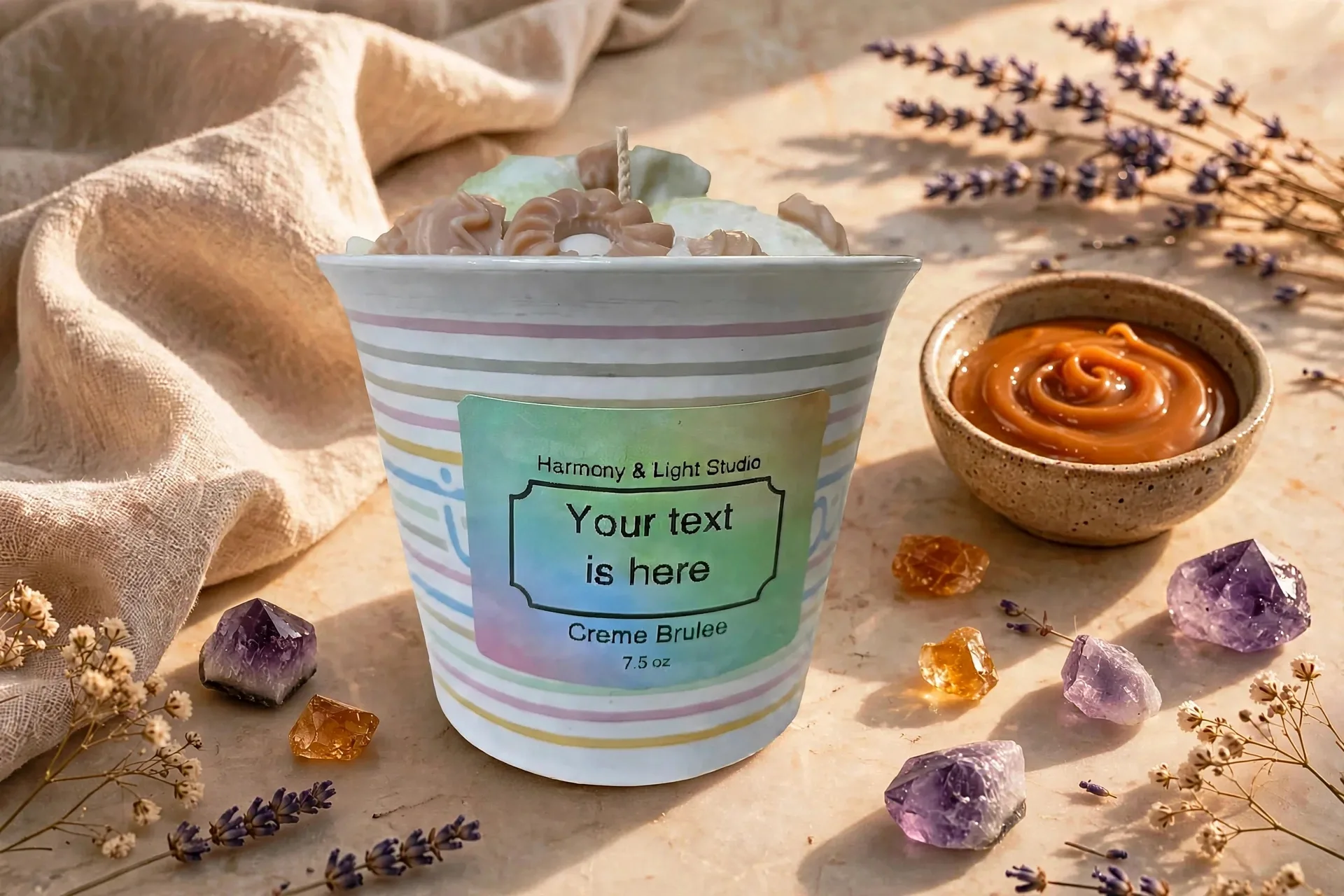 Hand-Poured Soy Candle: Vanilla Caramel Creme Brulee — styled home decor scene