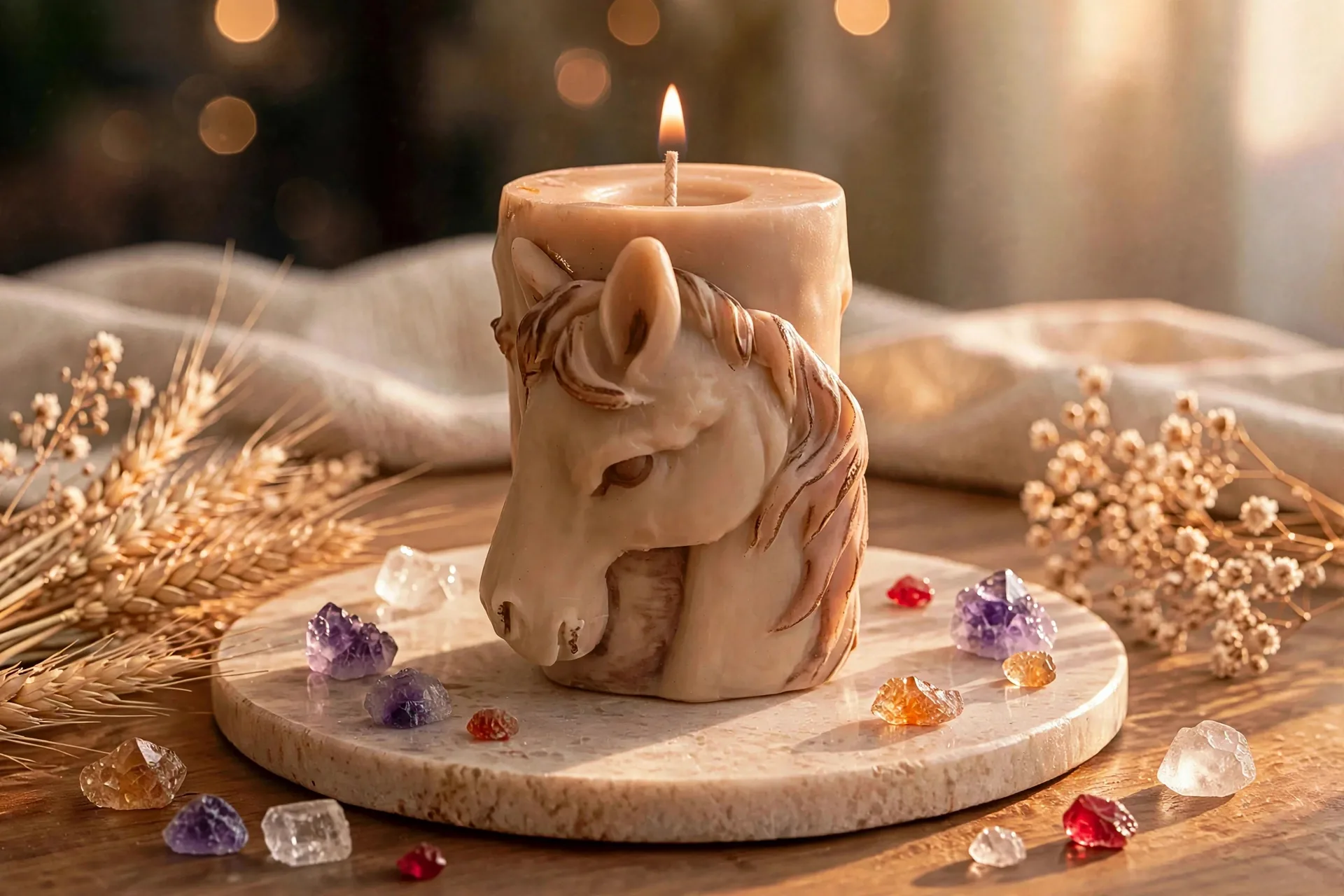 Rustic Horse Candle: Hand-Poured Coconut Soy Wax — lit with a warm flame