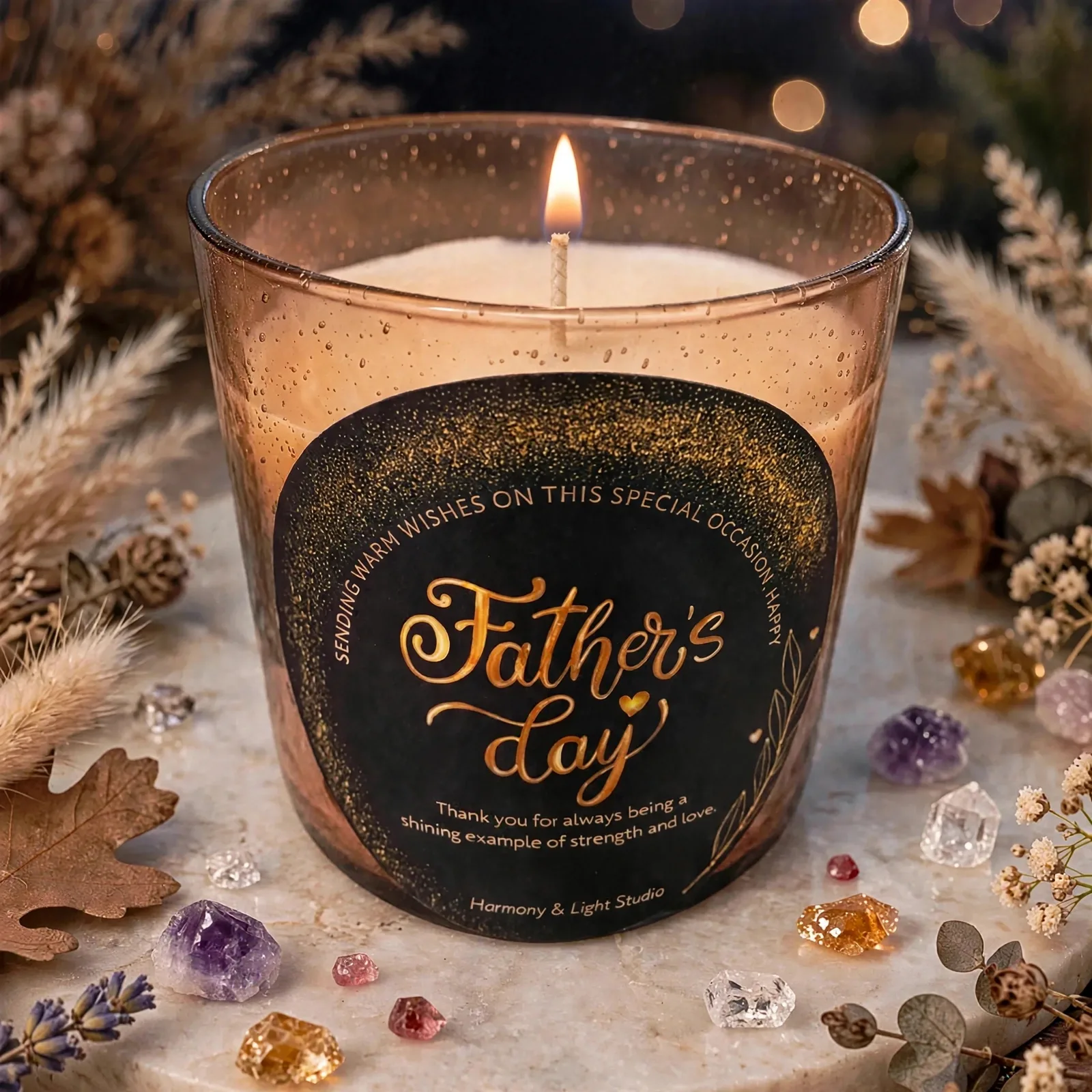 Bourbon Butterscotch Soy Candle — lit with a warm flame