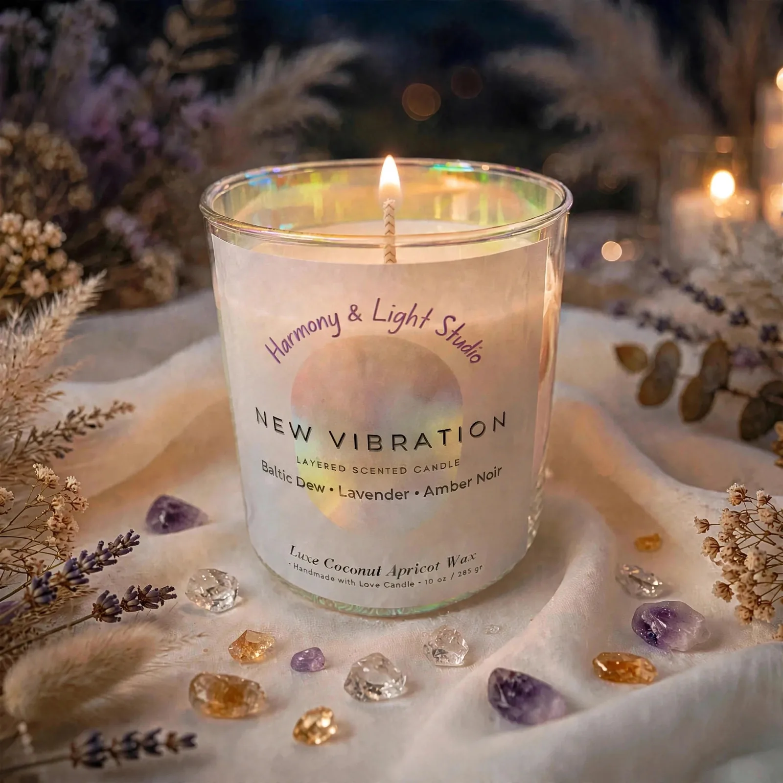 Three-Layer Scented Candle: Baltic Dew — lit with a warm flame