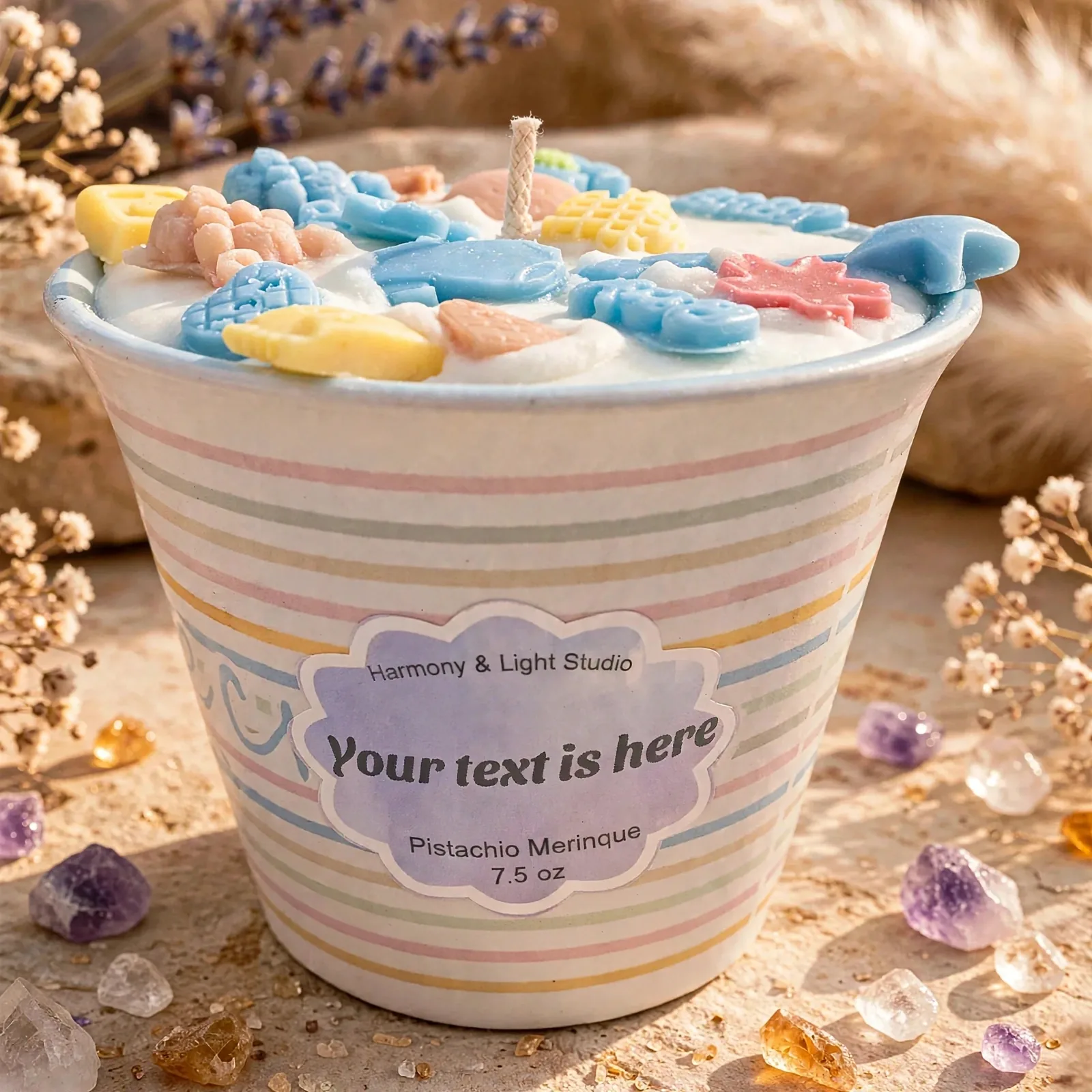 Baby Boy Shower Candle: Pistachio Meringue Scented Favor — close-up detail