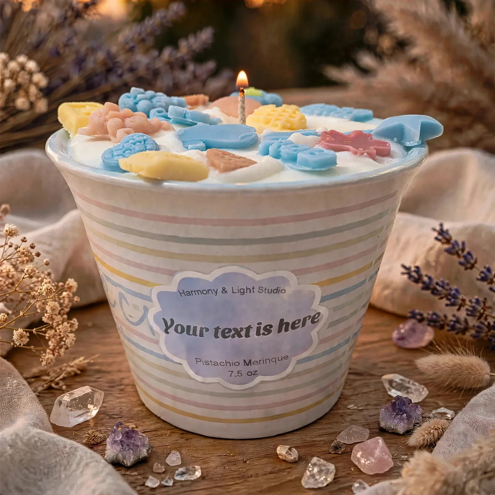 Baby Boy Shower Candle: Pistachio Meringue Scented Favor — lit with a warm flame
