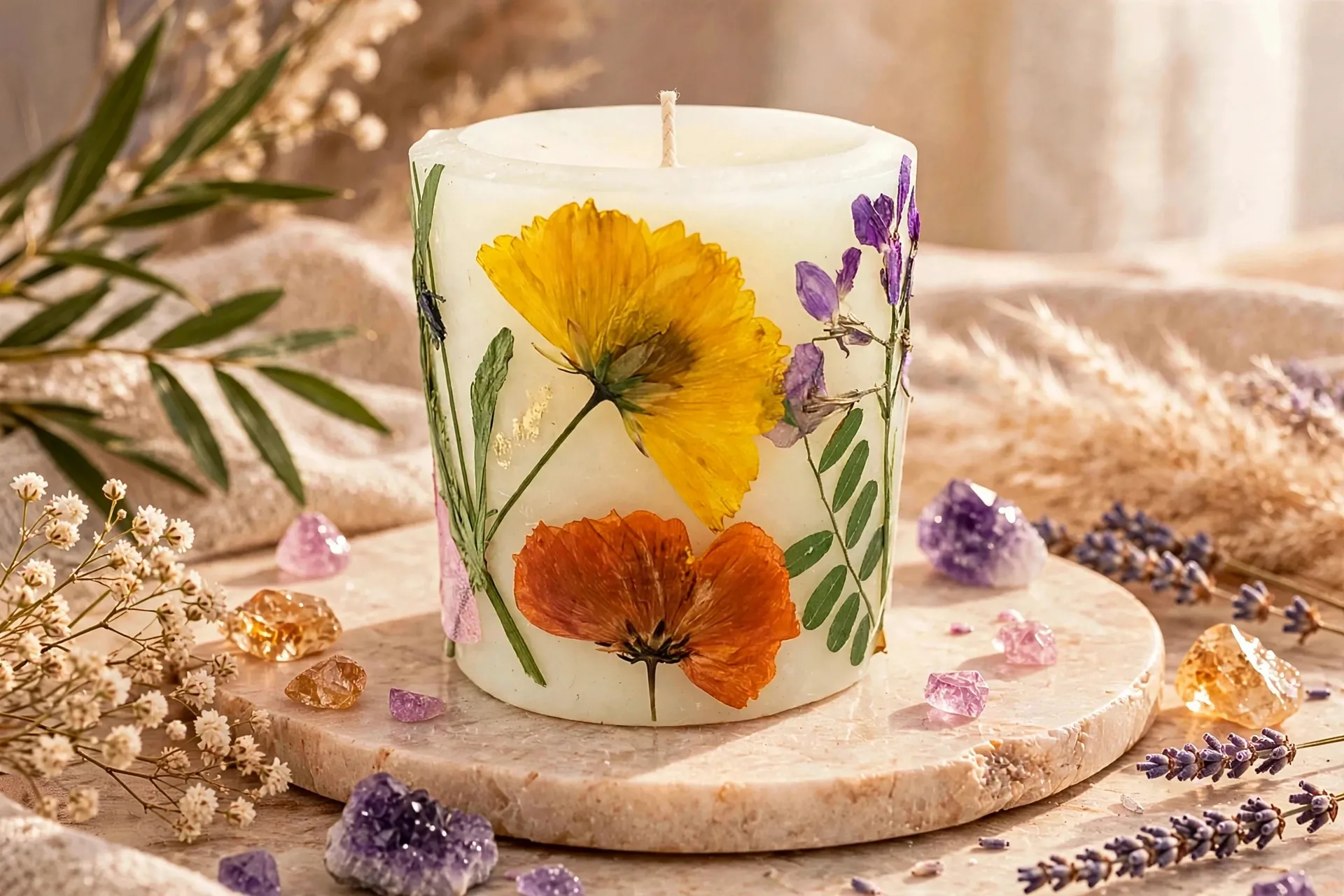 Handmade Pressed Flower Beeswax Candle: Eco-Friendly Home Decor
