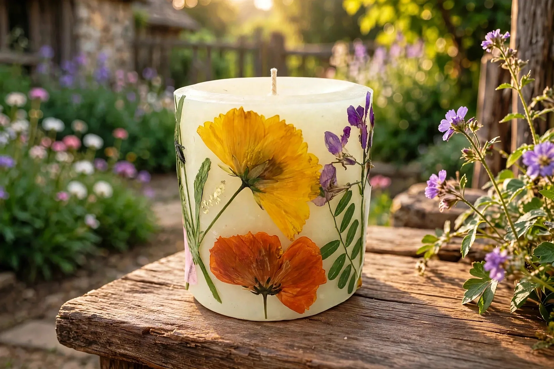 Handmade pressed-flower beeswax candle with dried flowers in natural light