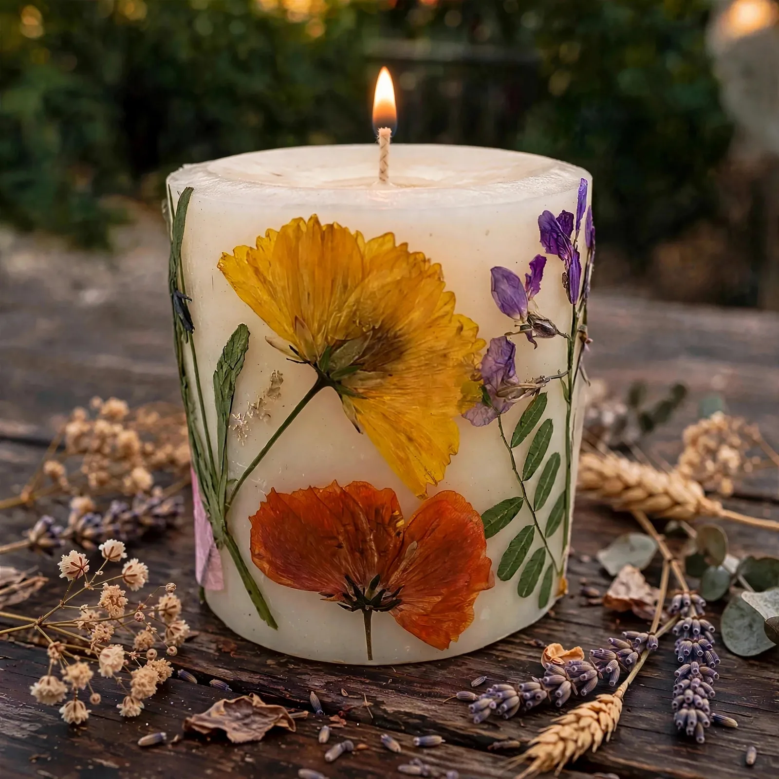 Handmade Pressed Flower Beeswax Candle: Eco-Friendly — lit with a warm flame