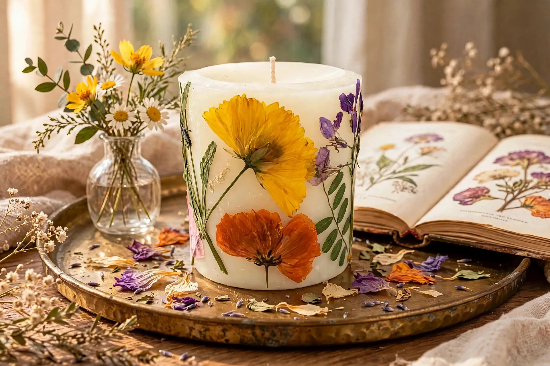 Handmade Pressed Flower Beeswax Candle: Eco-Friendly — styled home decor scene