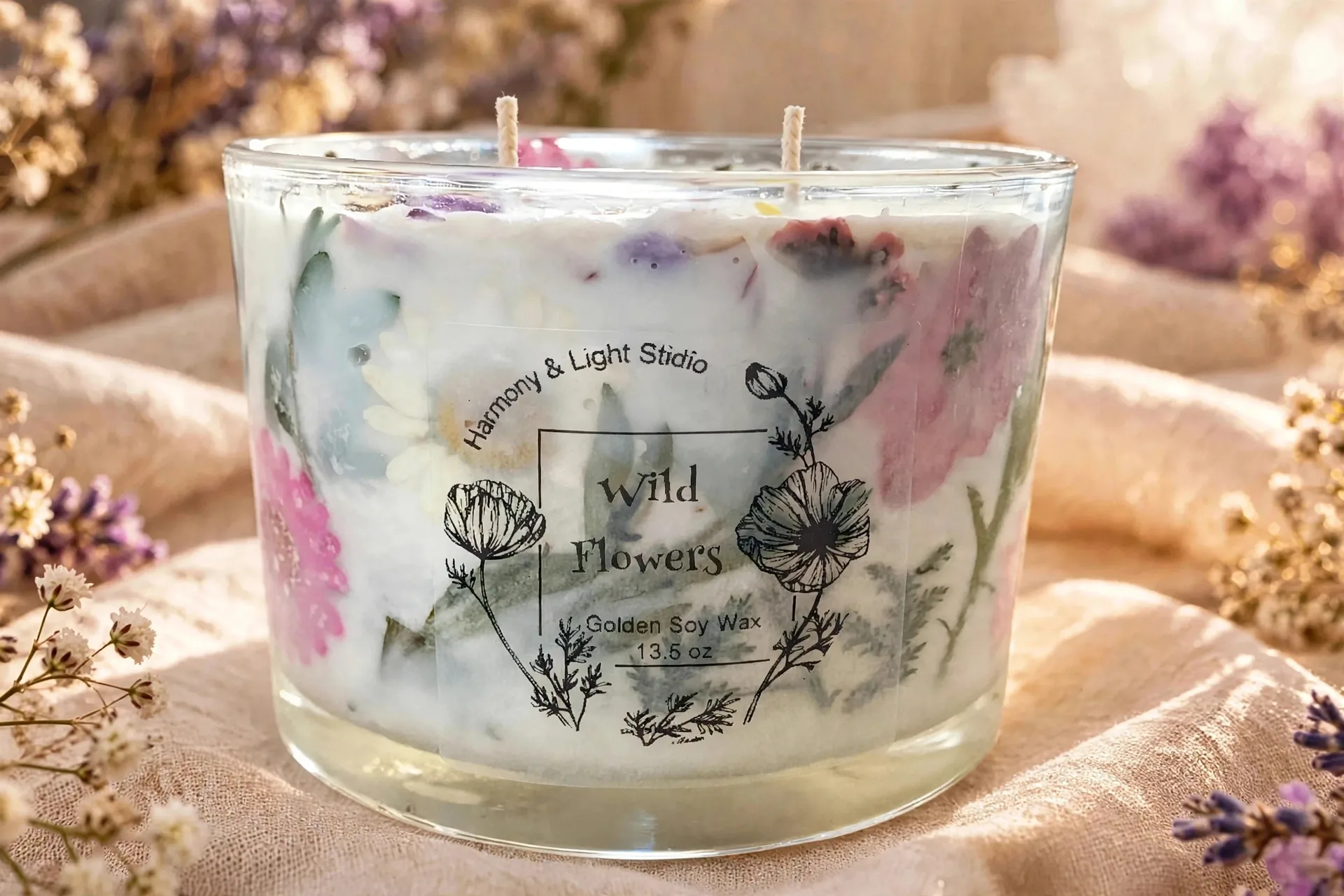 Custom Floral Soy Candle: Dried Blooms — close-up detail