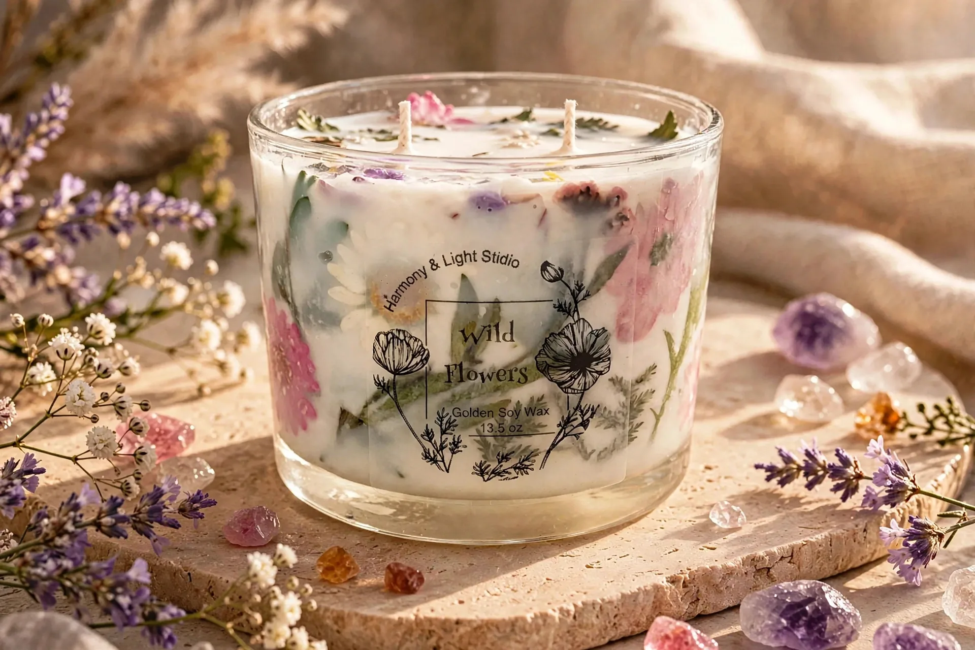 Custom Floral Soy Candle: Dried Blooms, Rose Scented, Vegan Gift, Dry Flowers Candle