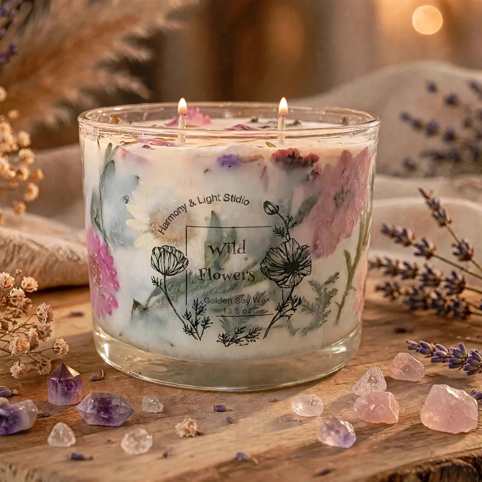 Custom Floral Soy Candle: Dried Blooms — lit with a warm flame