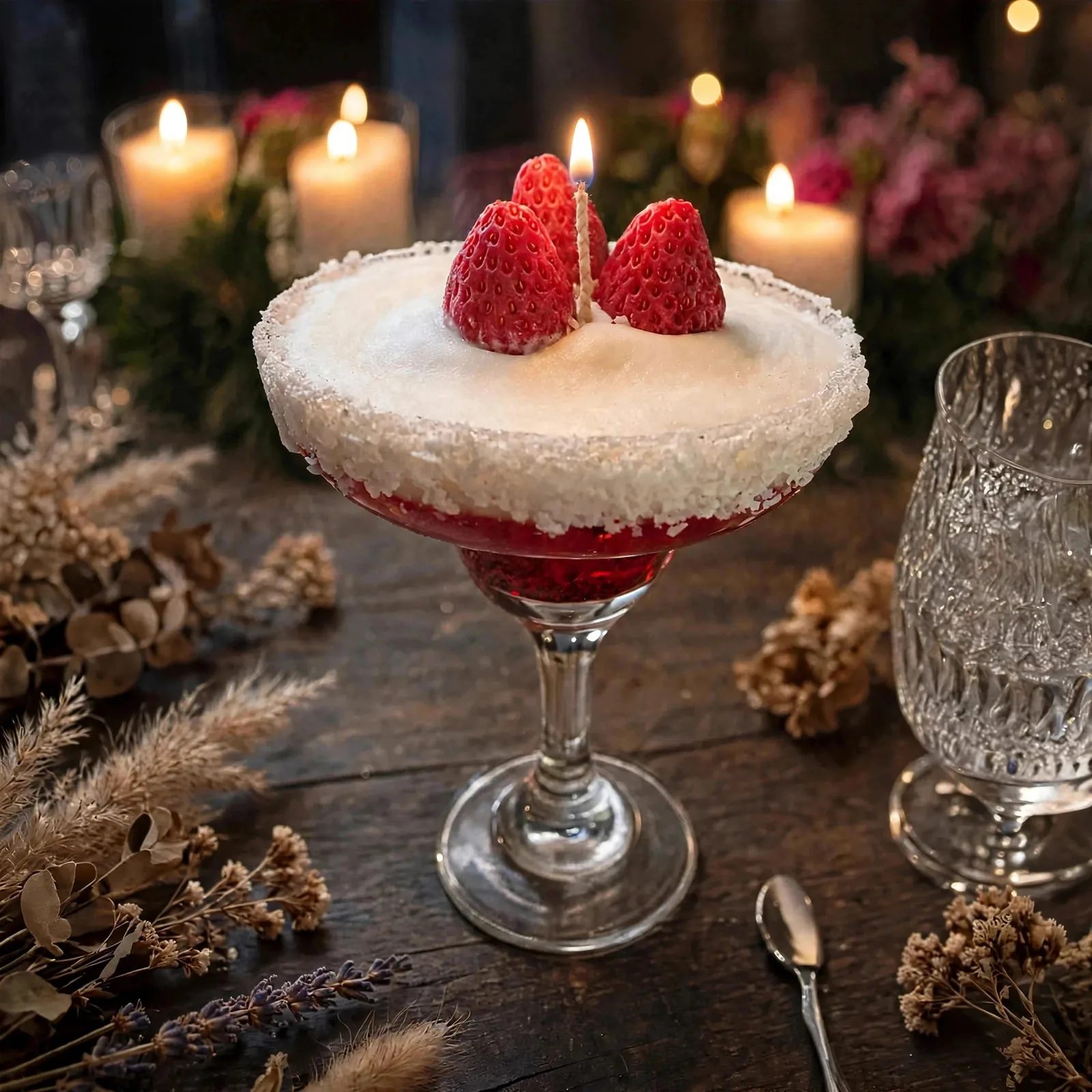 Strawberry Margarita Martini Candle: Strawberries & Cream Scent — lit with a warm flame