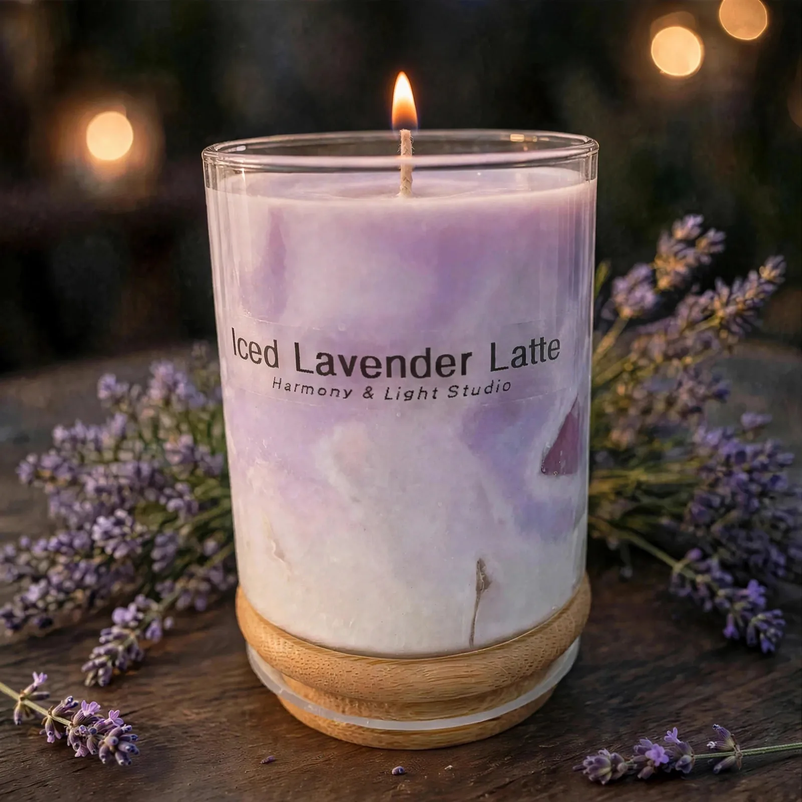 Iced Lavender Latte Candle: Handmade Soy Wax Candle — lit with a warm flame