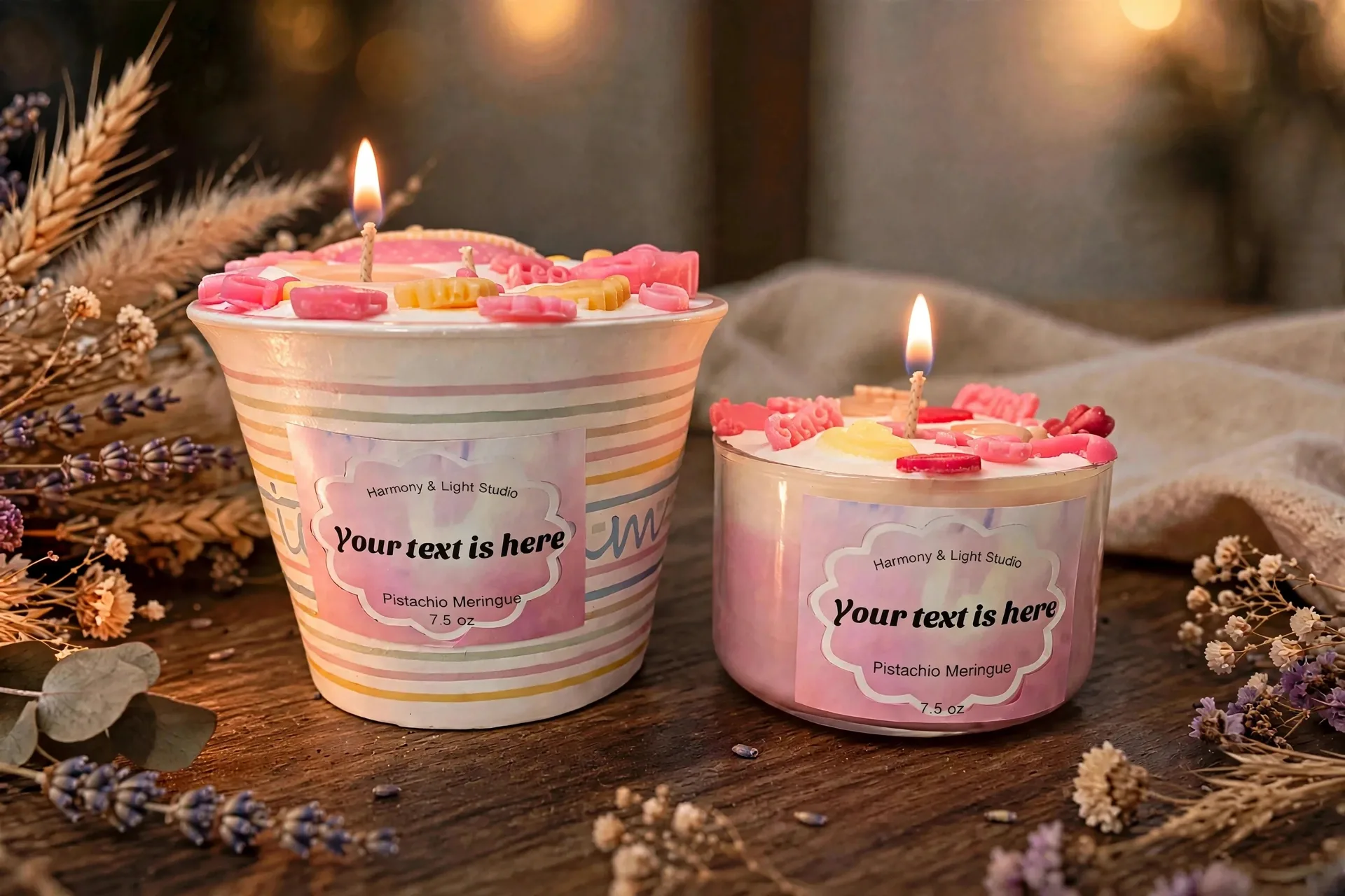 Custom Baby Shower Candle: Vanilla Cake Pop Scented — lit with a warm flame