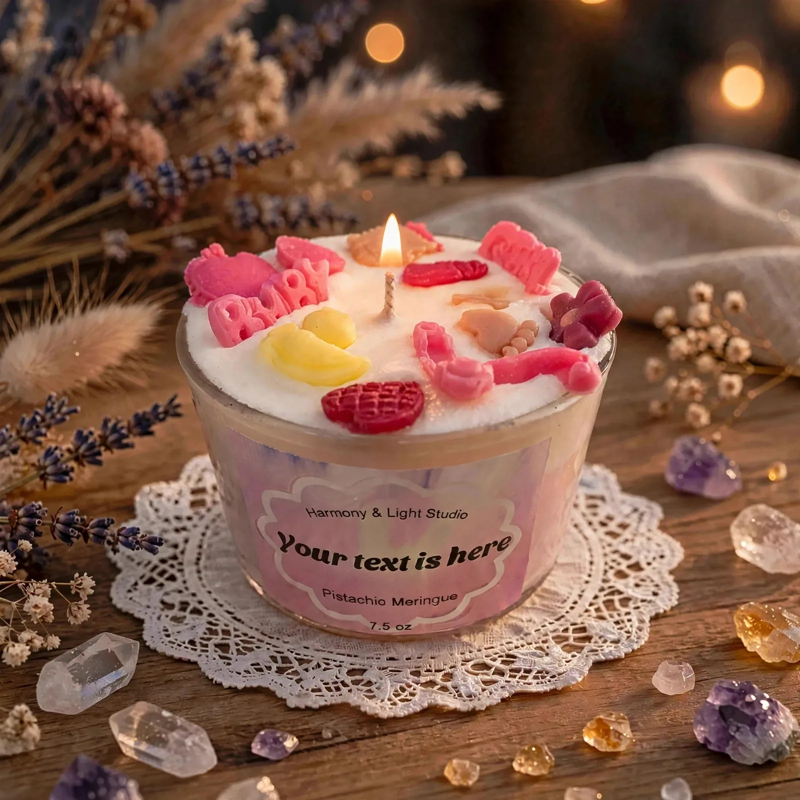 Custom Baby Shower Candle Favor — lit with a warm flame