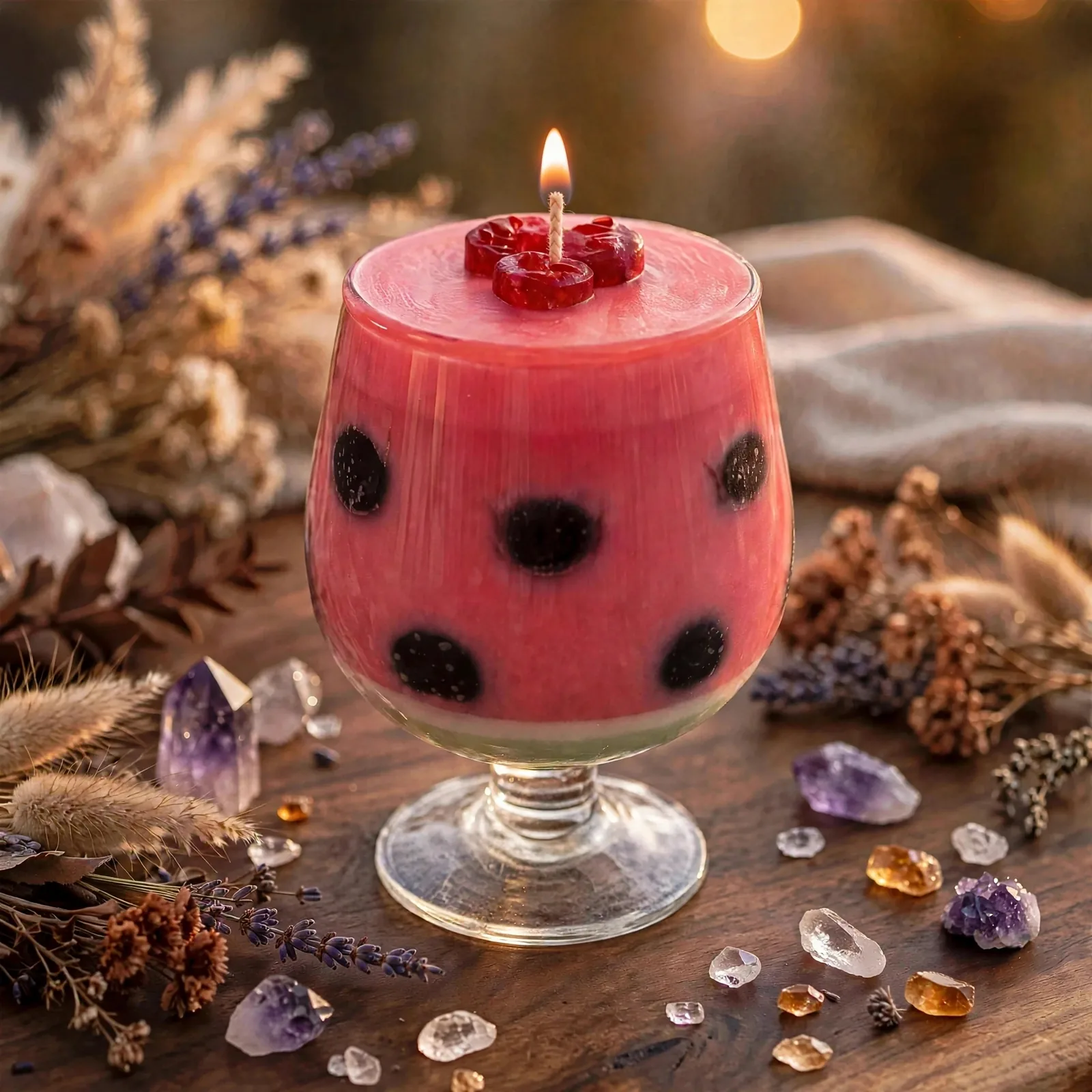 Watermelon Soy Wax Candle — lit with a warm flame