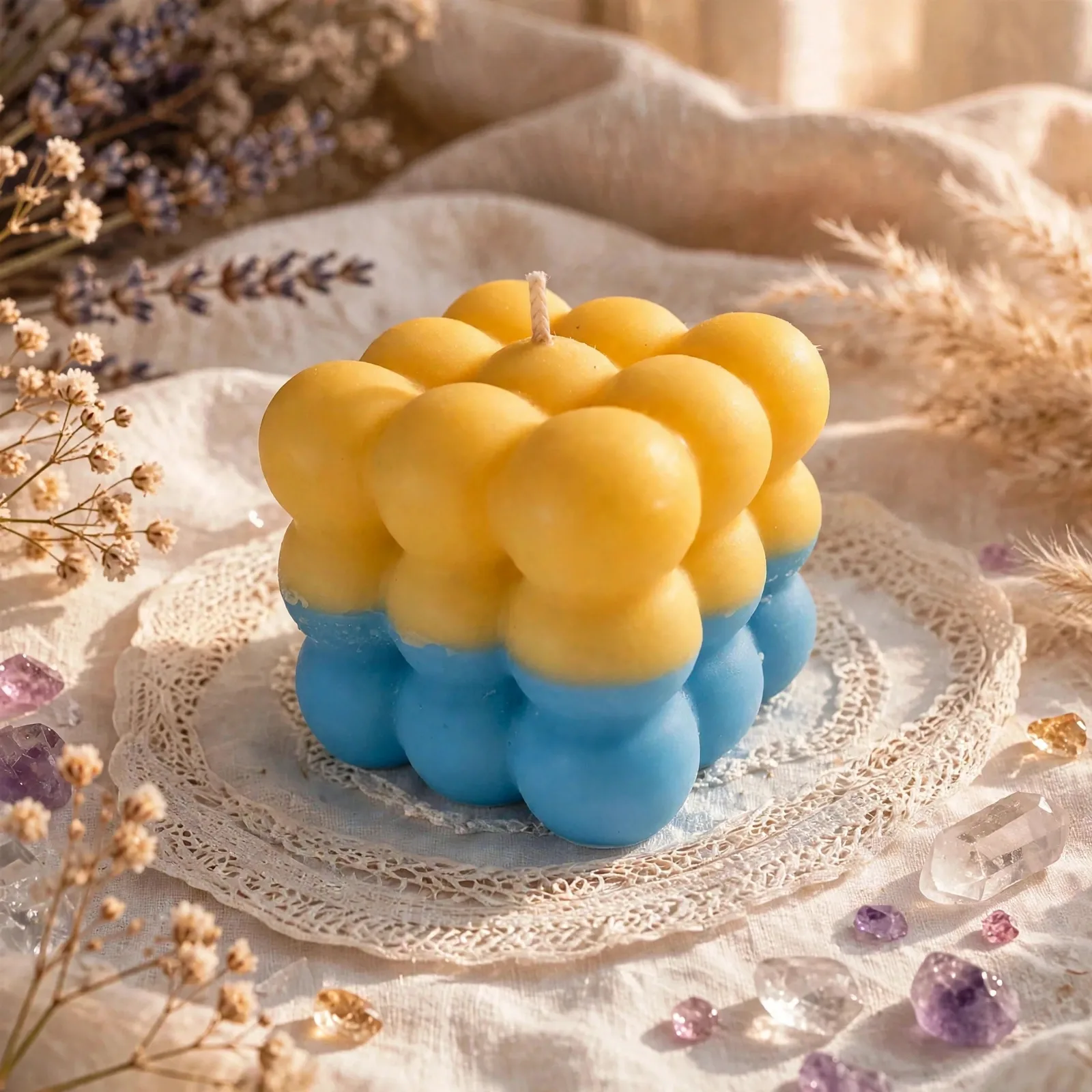Handcrafted Bubble Candle, Coconut Soy Pillar, Amber Noir Scent, Yellow Blue Gradient