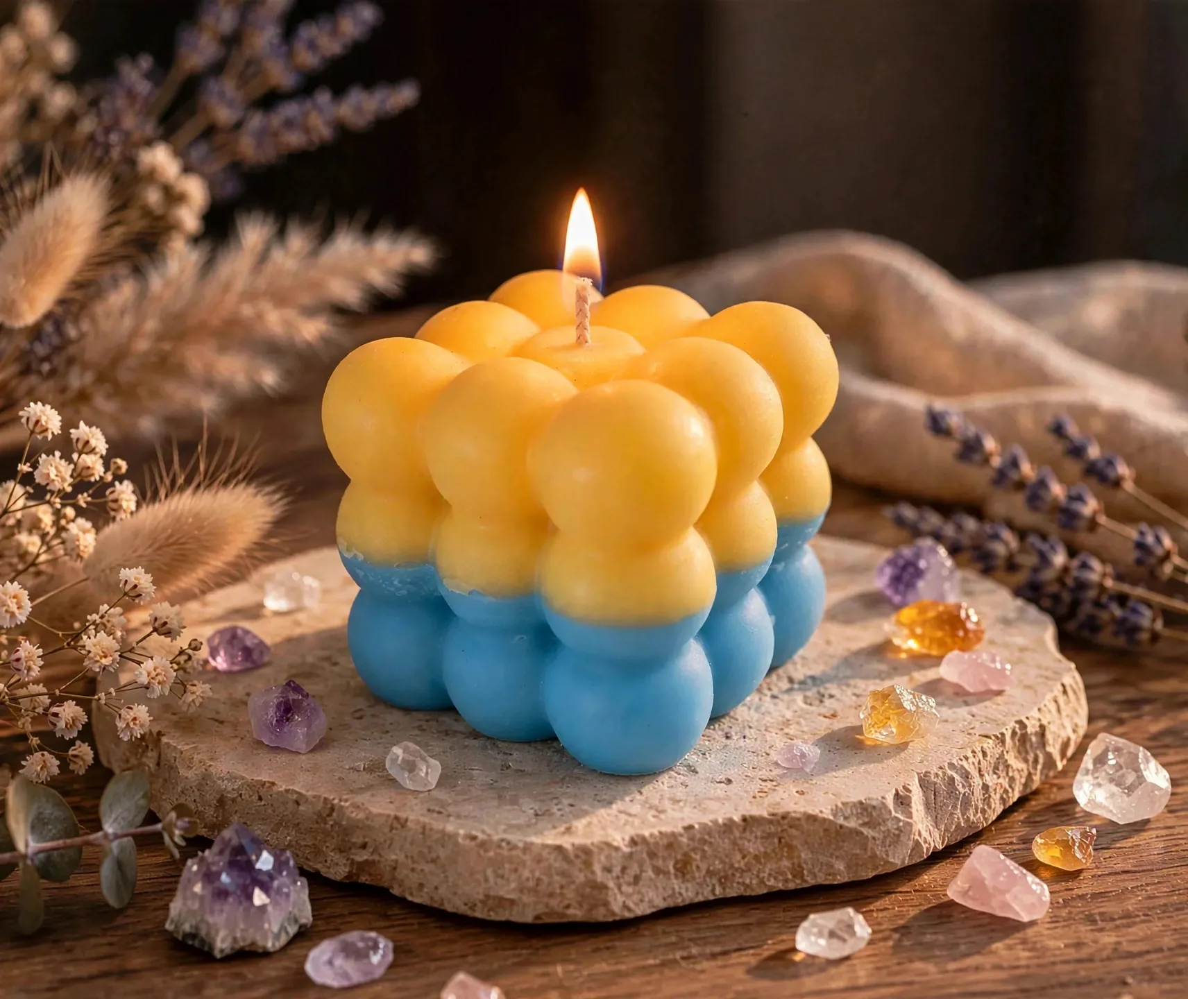 Handcrafted Bubble Candle — lit with a warm flame
