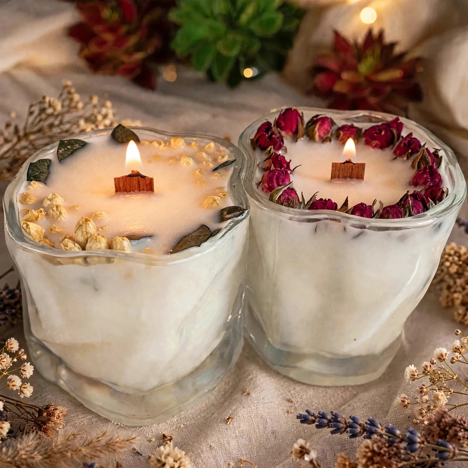 Botanical Soy Candle with Dried Flowers – Wisteria — lit with a warm flame