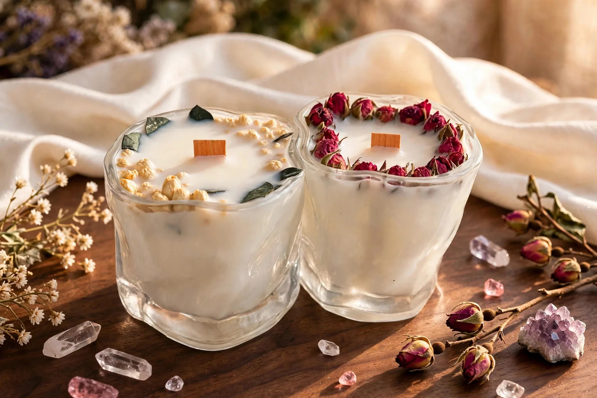 Botanical Soy Candle with Dried Flowers – Wisteria — styled home decor scene