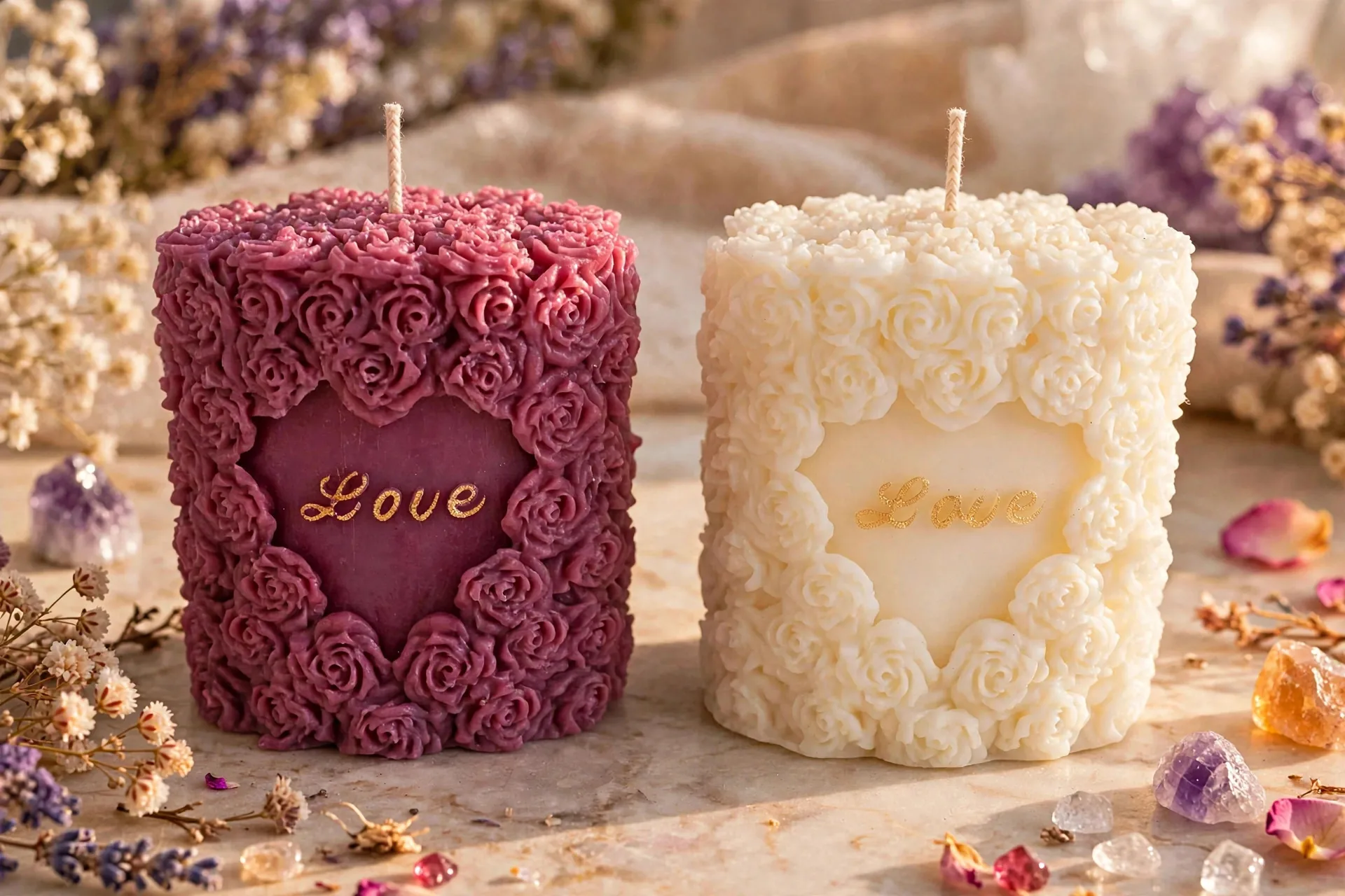 Coconut Soy Pillar Candle: Rose Heart — close-up detail