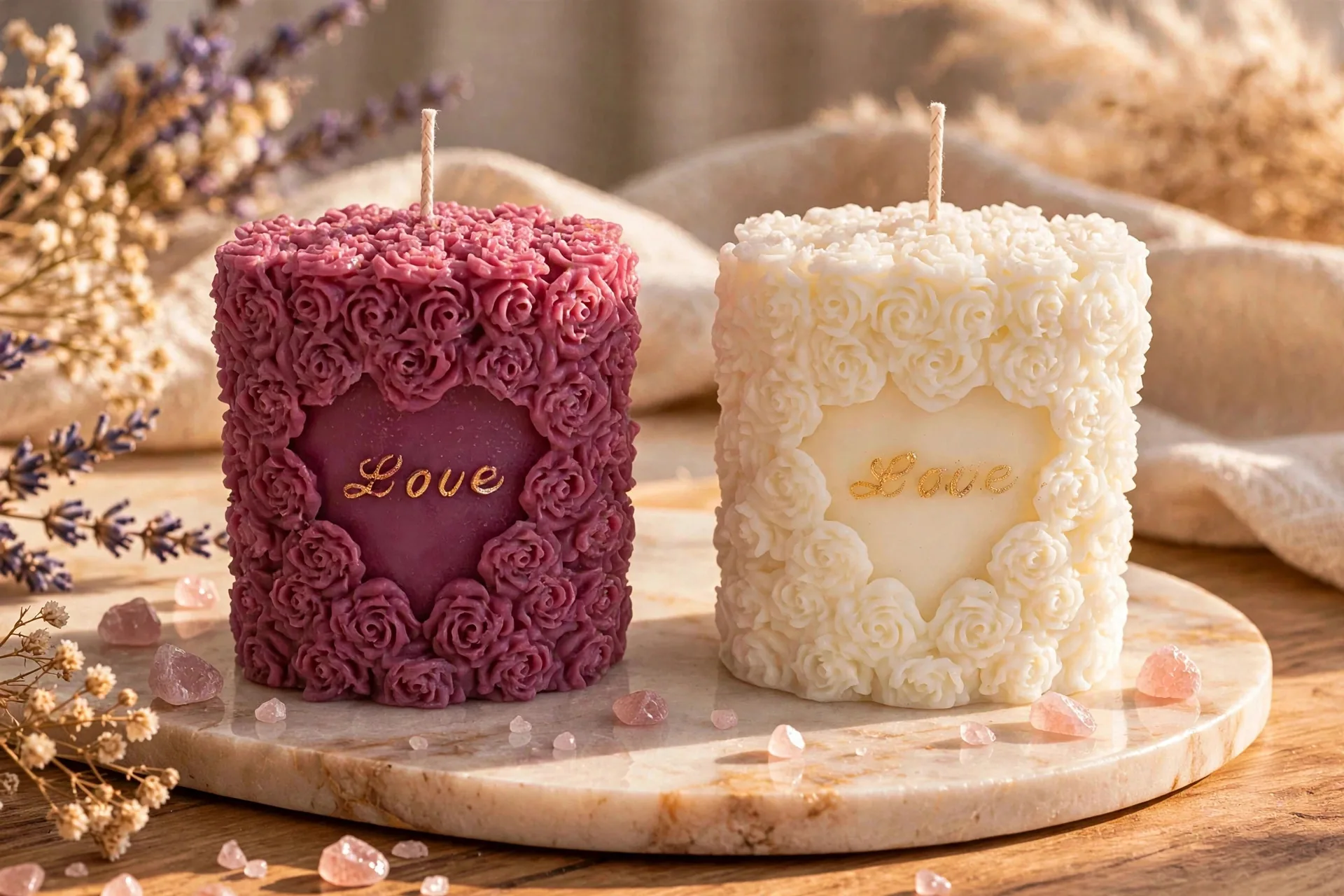 Coconut Soy Pillar Candle: Rose Heart, Solar Petals & Tangerine Scent