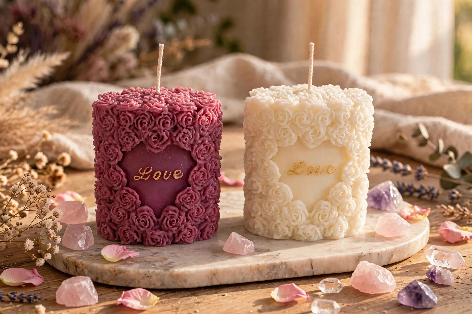 Coconut Soy Pillar Candle: Rose Heart — lifestyle photo