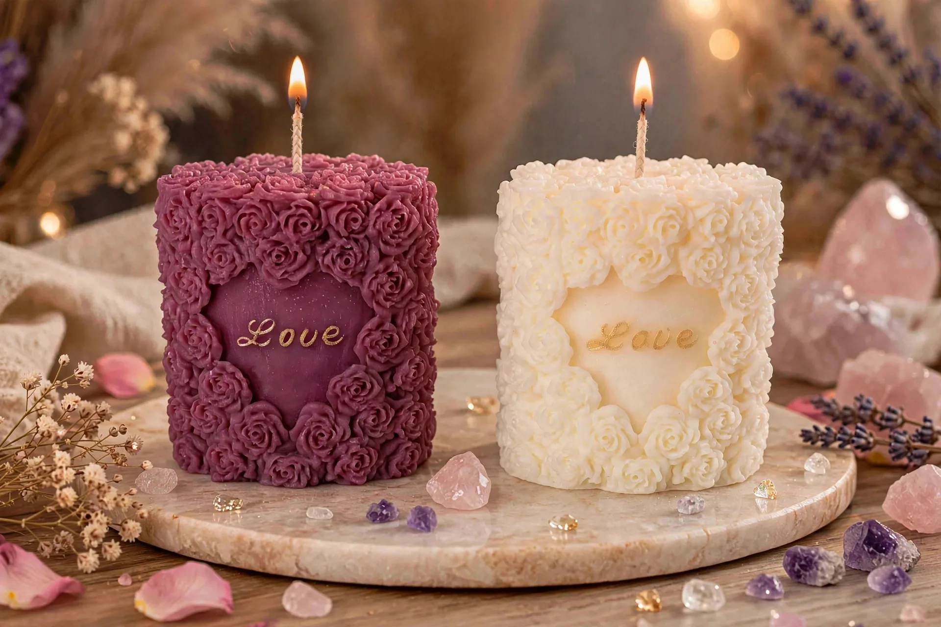 Coconut Soy Pillar Candle: Rose Heart — lit with a warm flame