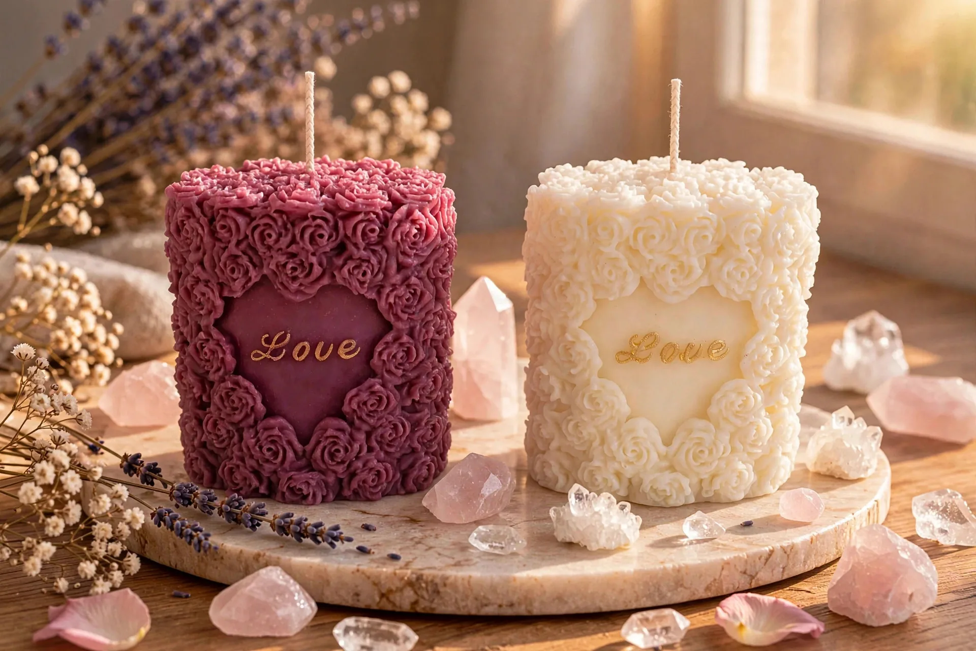 Coconut Soy Pillar Candle: Rose Heart — styled home decor scene