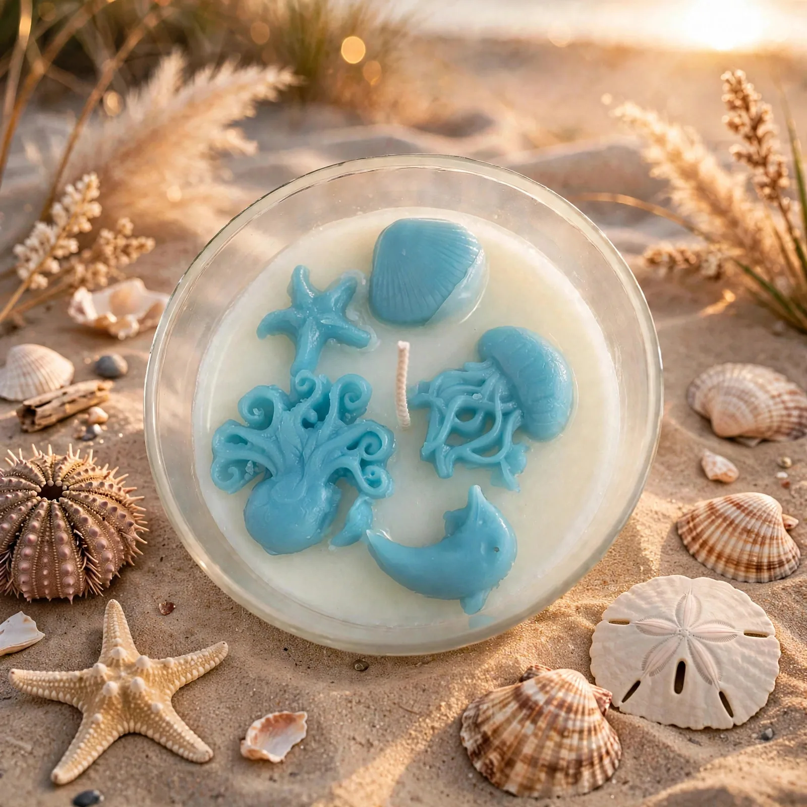 Ocean Dew Candle: Coconut Apricot Wax, Seashell Accents, Summer Scent