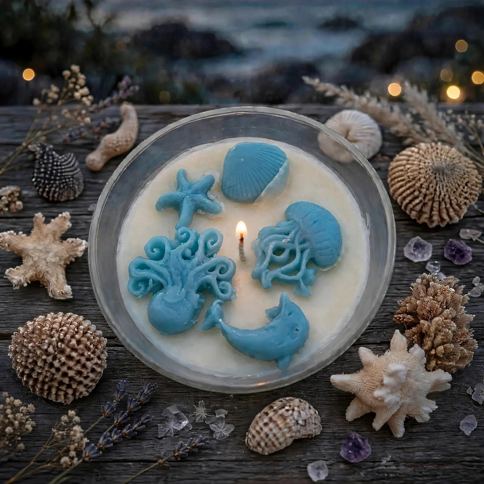 Ocean Dew Candle: Coconut Apricot Wax — lit with a warm flame