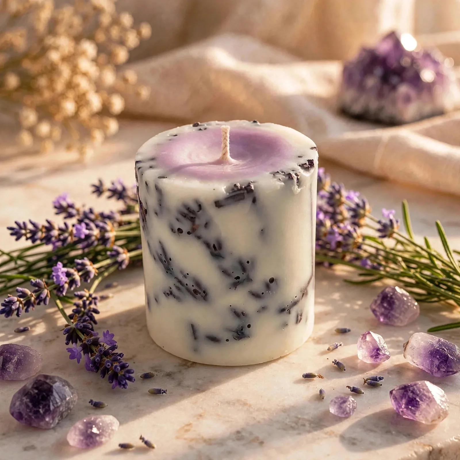 Dry Flower Votive Candle: Botanical Pillar, Lavender Scent - Thank You Gift