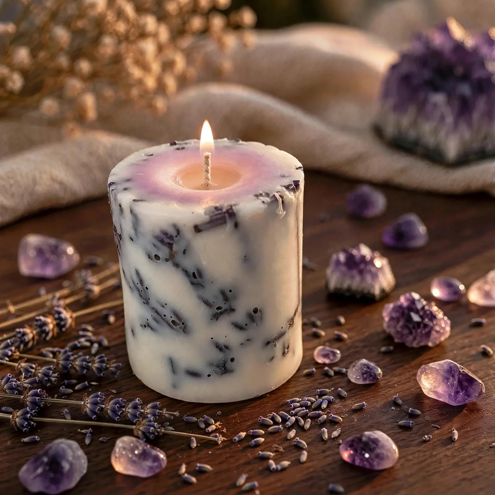 Dry Flower Votive Candle: Botanical Pillar — lit with a warm flame