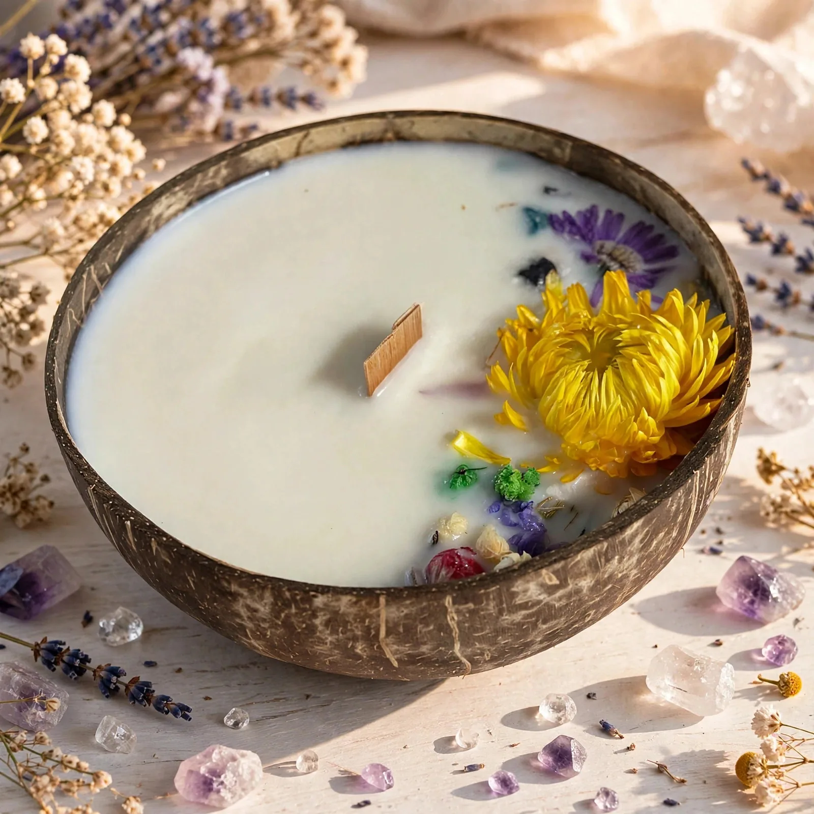 Floral Coconut Shell Candle Gift Set: Soy Wax, Dried Flowers