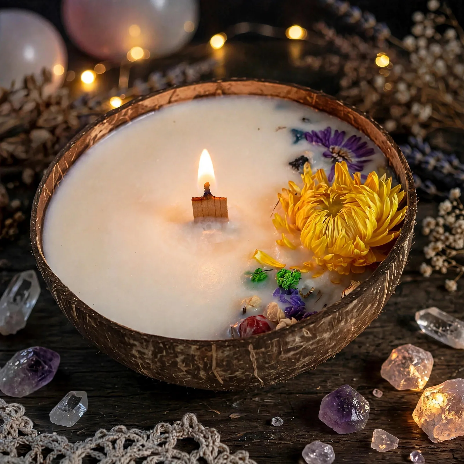Floral Coconut Shell Candle Gift Set: Soy Wax — lit with a warm flame