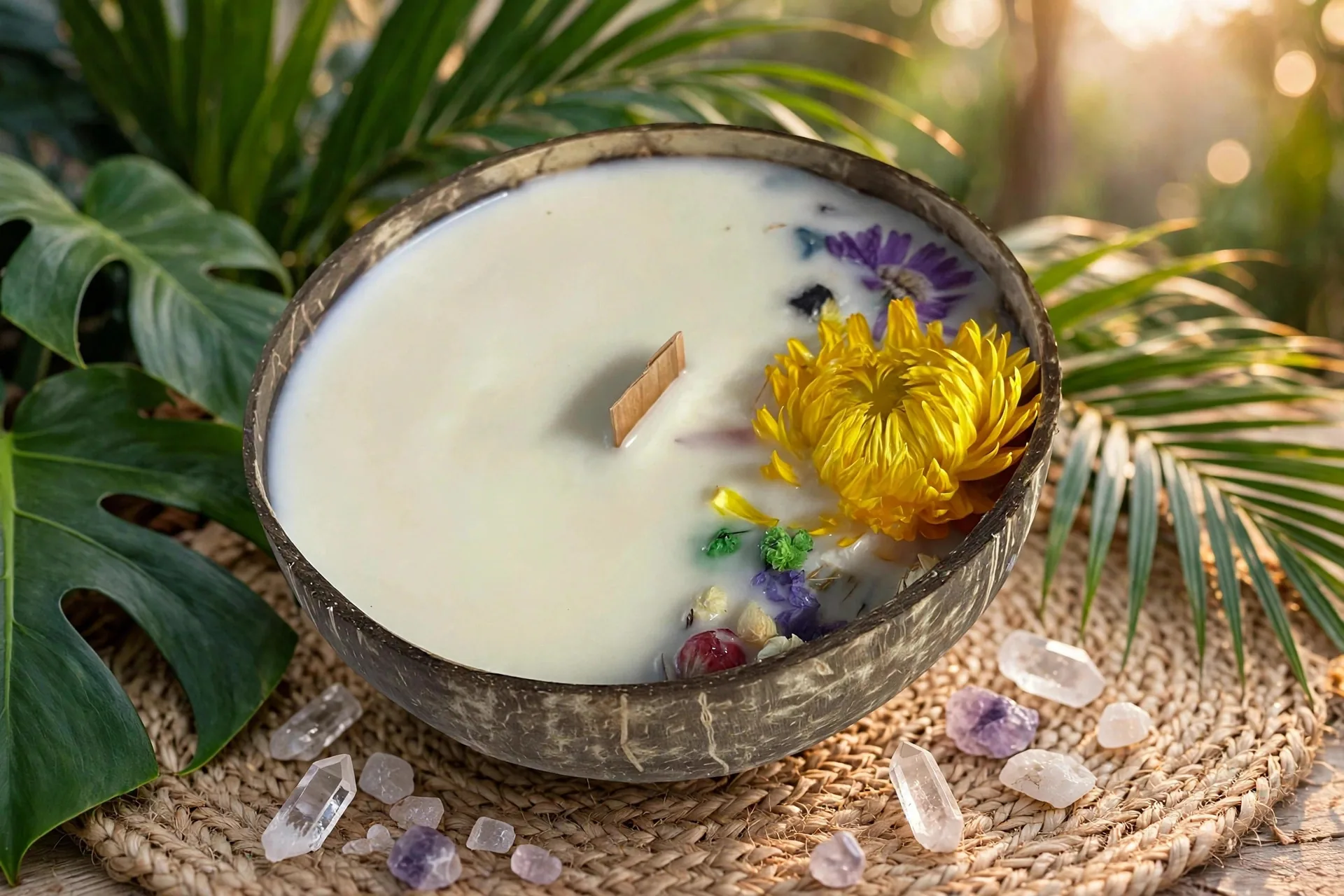 Floral Coconut Shell Candle Gift Set: Soy Wax — styled home decor scene