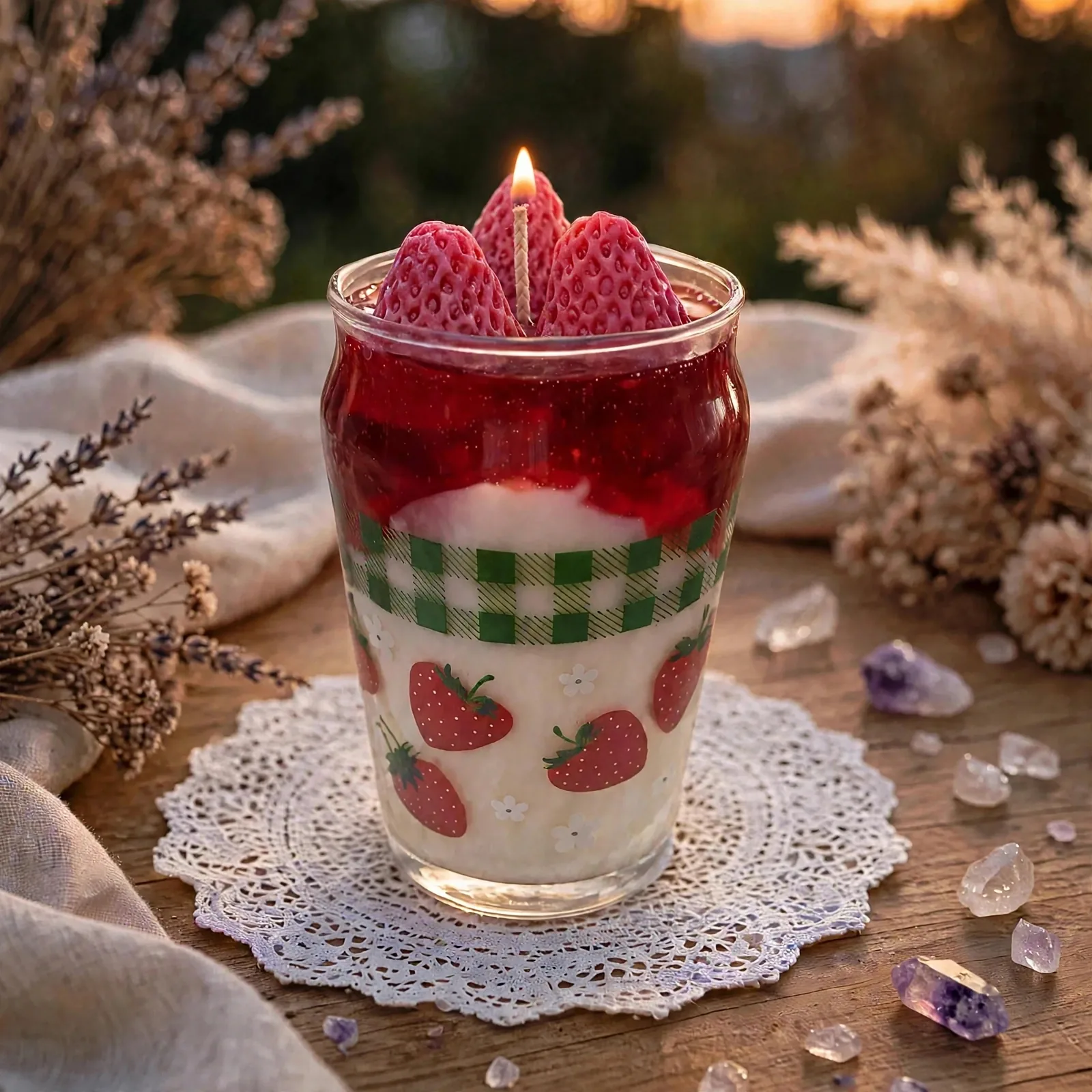Iced Latte Candle: Strawberry & Cream Scent — lit with a warm flame