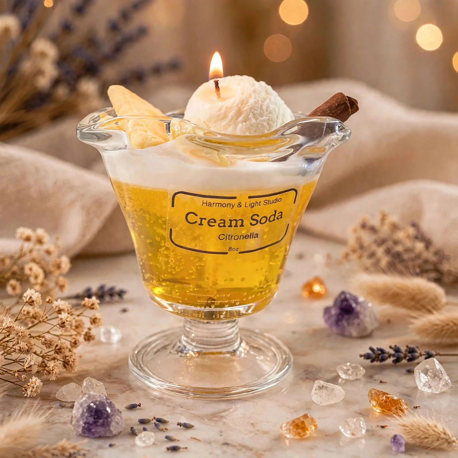 Ice Cream Scented Soy Candle: Citronella & Mint Mojito — lit with a warm flame