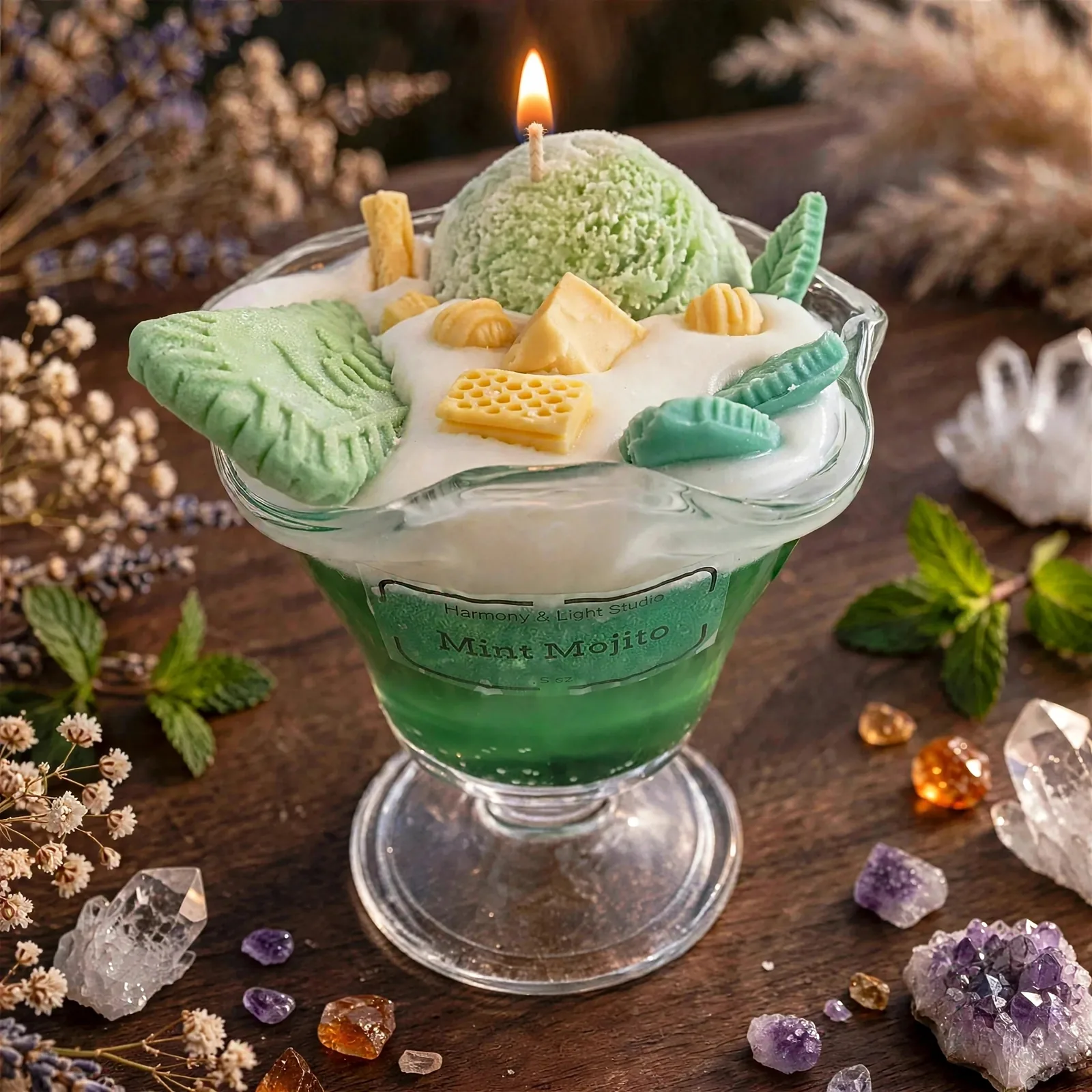 Tropical Ice Cream Scented Candle: Soy Wax Summer Decor — lit with a warm flame