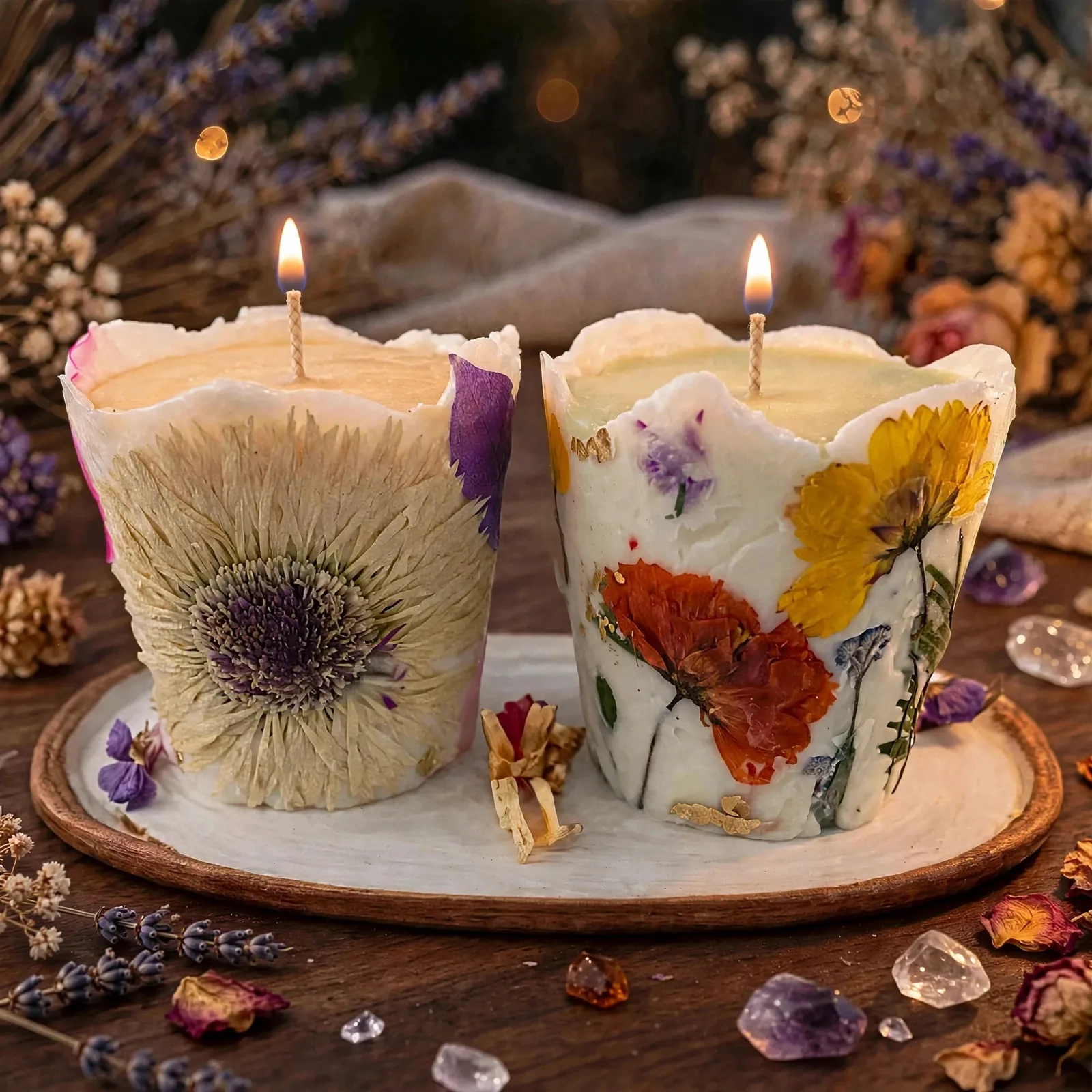 Boho Garden Scented Candle: Pressed Flowers — lit with a warm flame