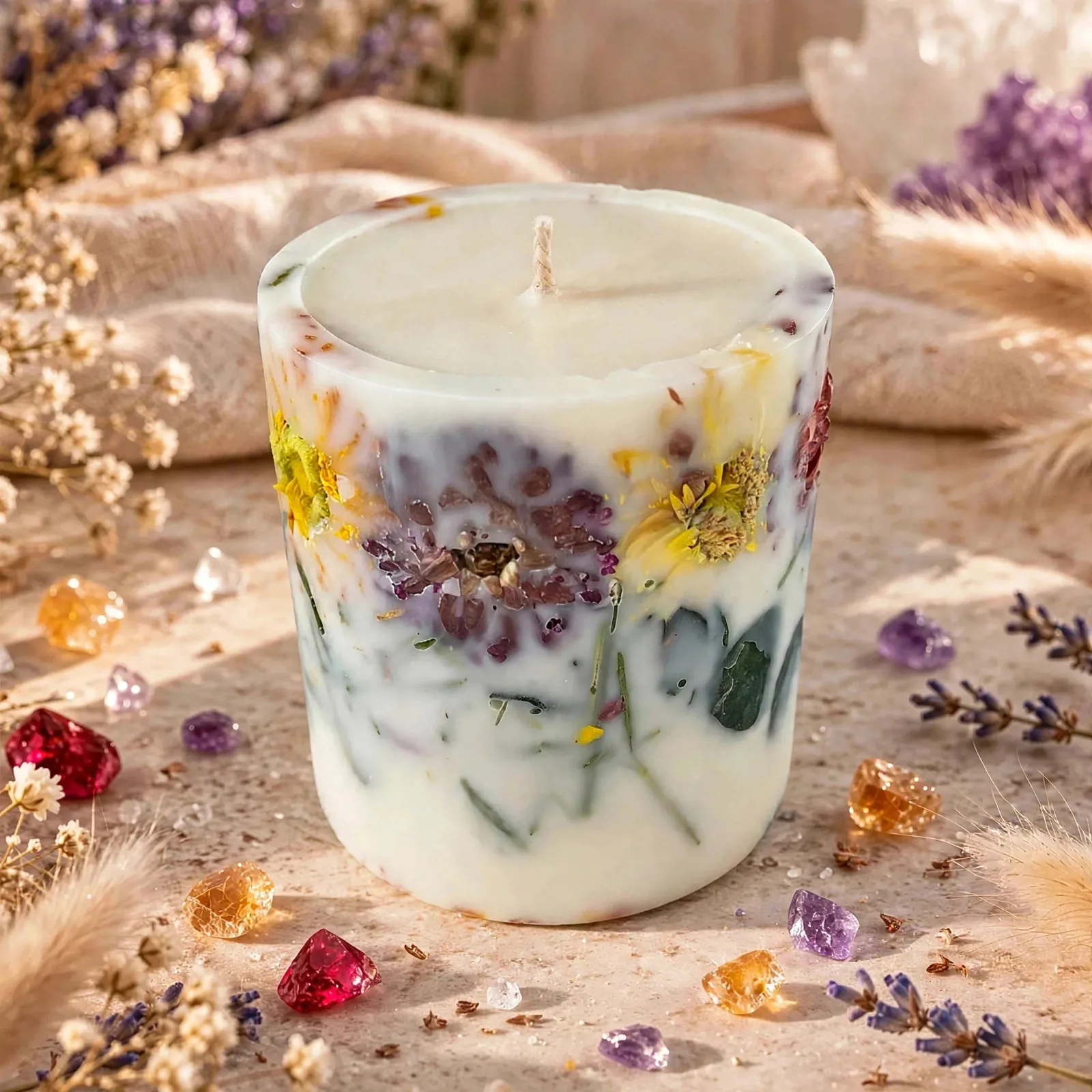 Scented Pillar Candle with Real Dried Flowers — close-up detail