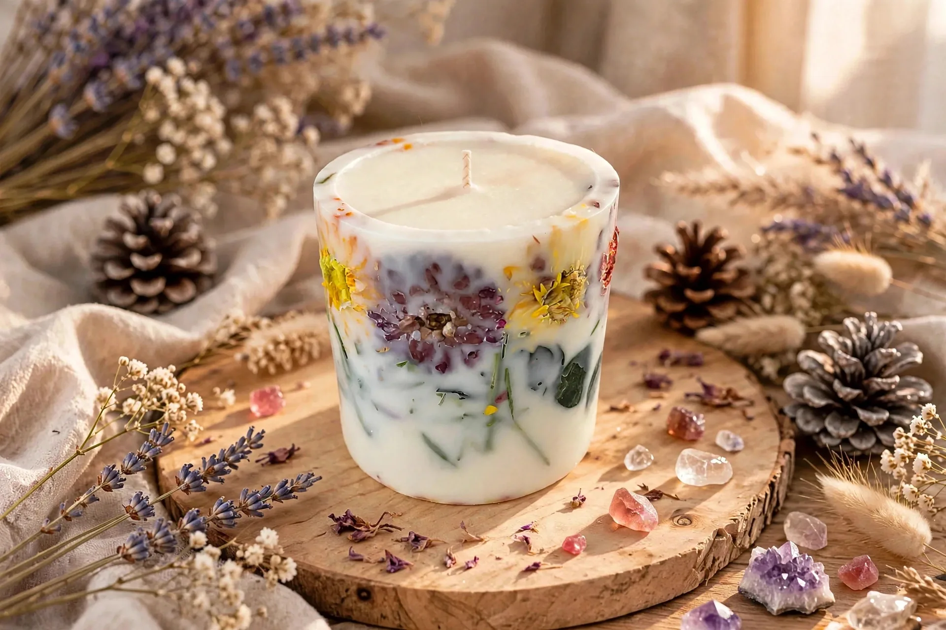 Scented Pillar Candle with Real Dried Flowers — lifestyle photo