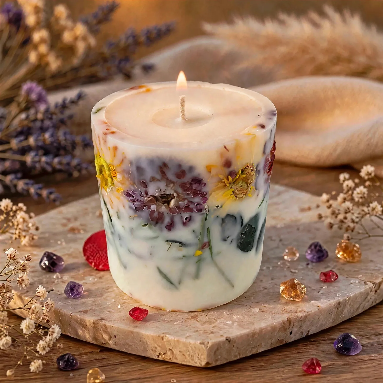 Scented Pillar Candle with Real Dried Flowers — lit with a warm flame